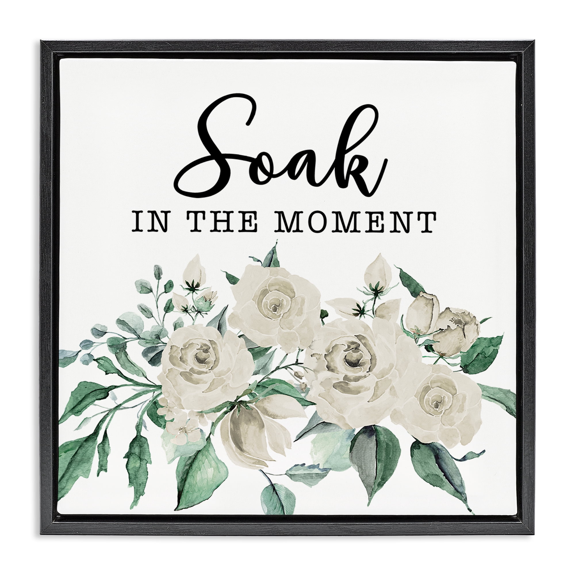 Stupell Industries Soak The Moment Florals Bath & Laundry Painting Black Floater Framed Canvas Art Print Wall Art, 18 x 18