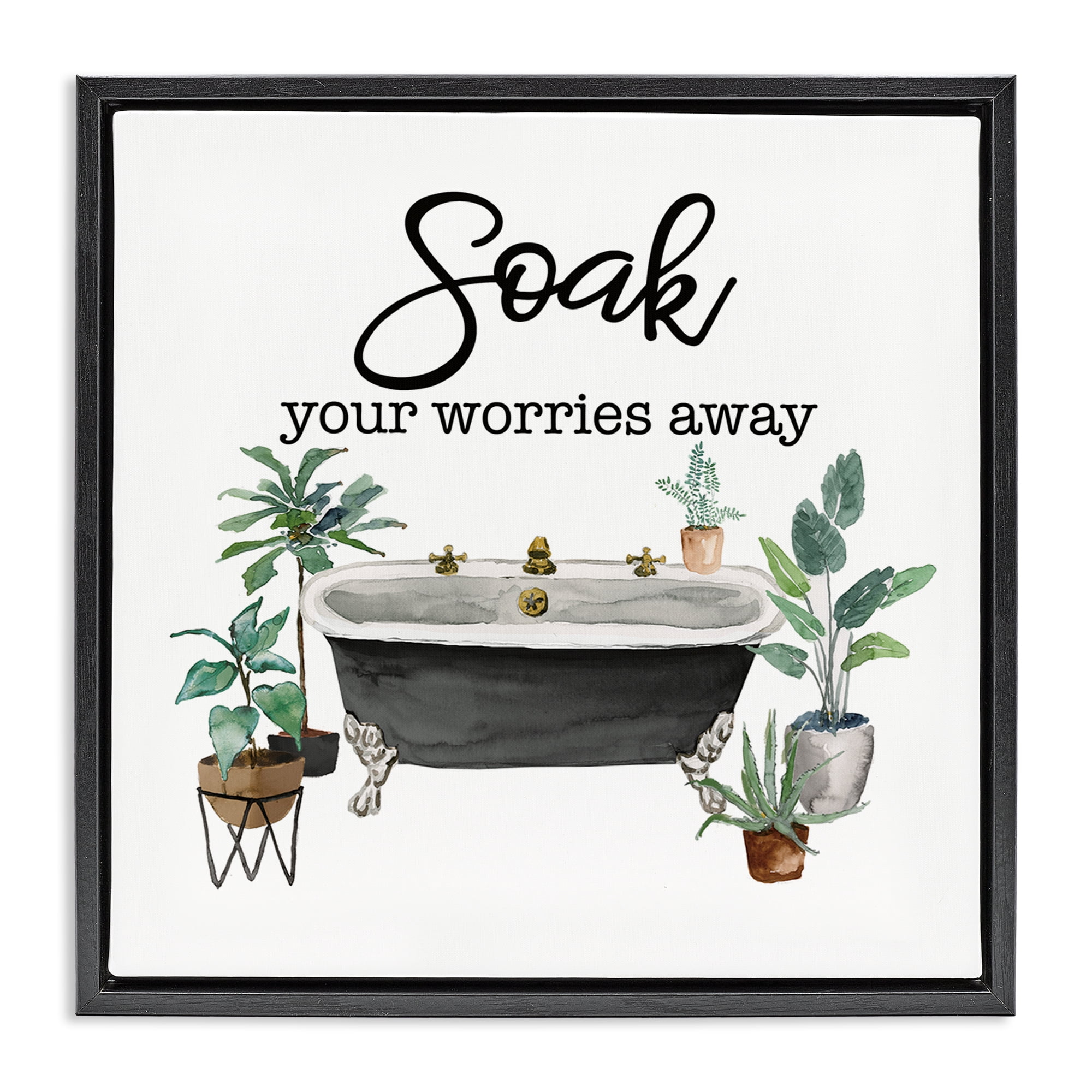 Stupell Industries Soak Worries Away Plants Bath & Laundry Painting Black Floater Framed Canvas Art Print Wall Art, 18 x 18