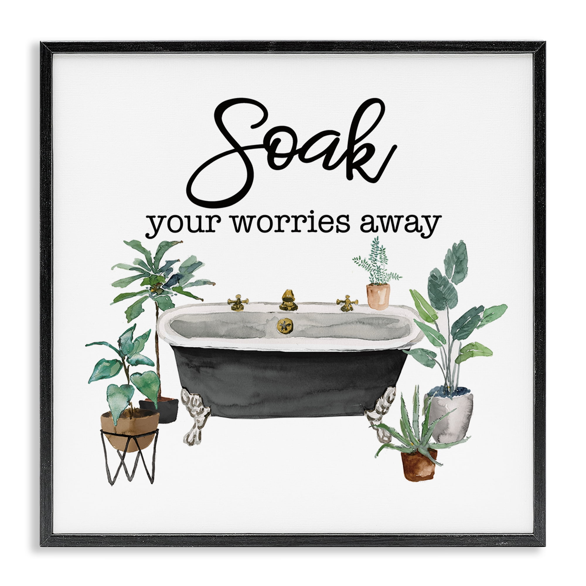 Stupell Industries Soak Worries Away Plants Bath & Laundry Painting Black Framed Art Print Wall Art, 24 x 24