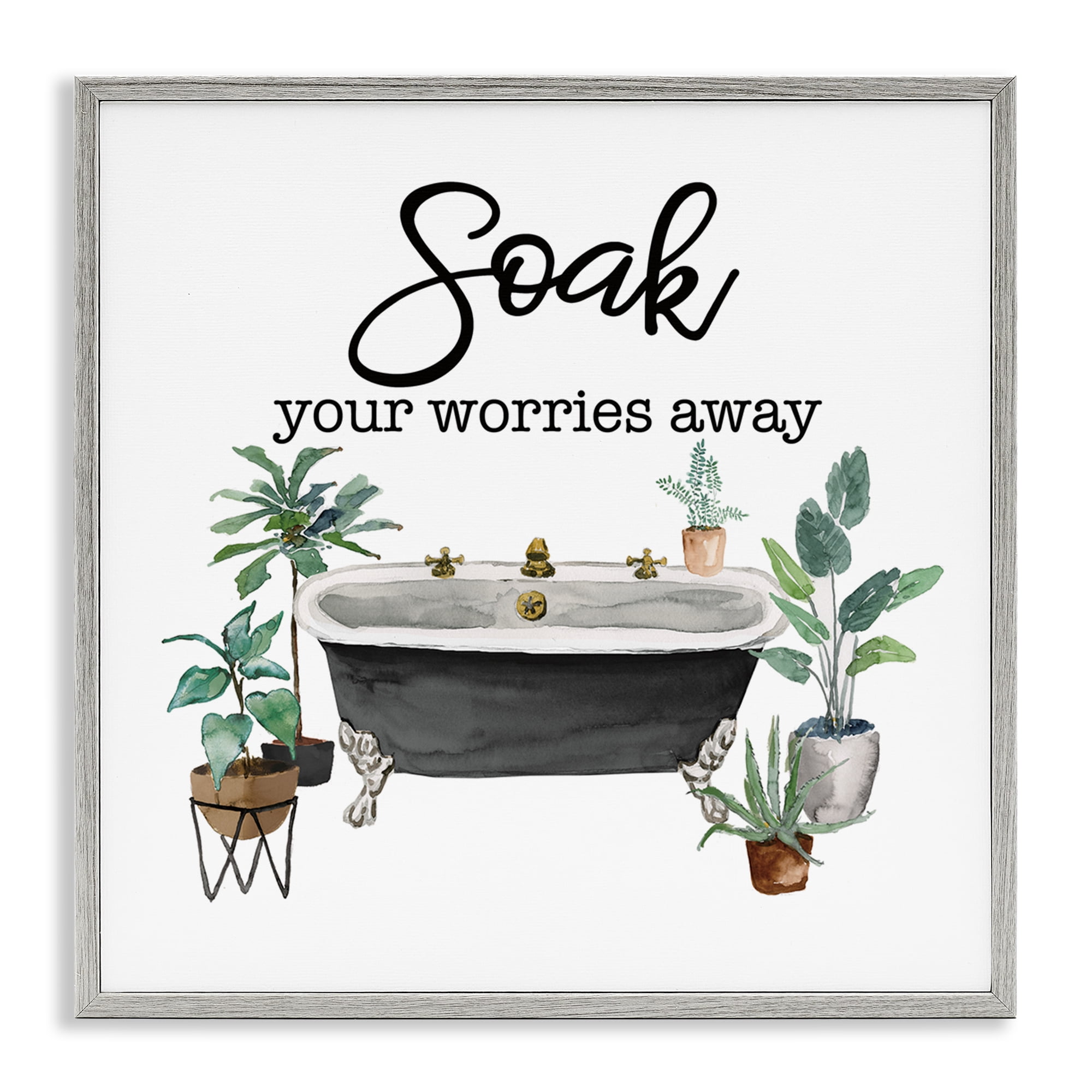 Stupell Industries Soak Worries Away Plants Bath & Laundry Painting Gray Framed Art Print Wall Art, 17 x 17