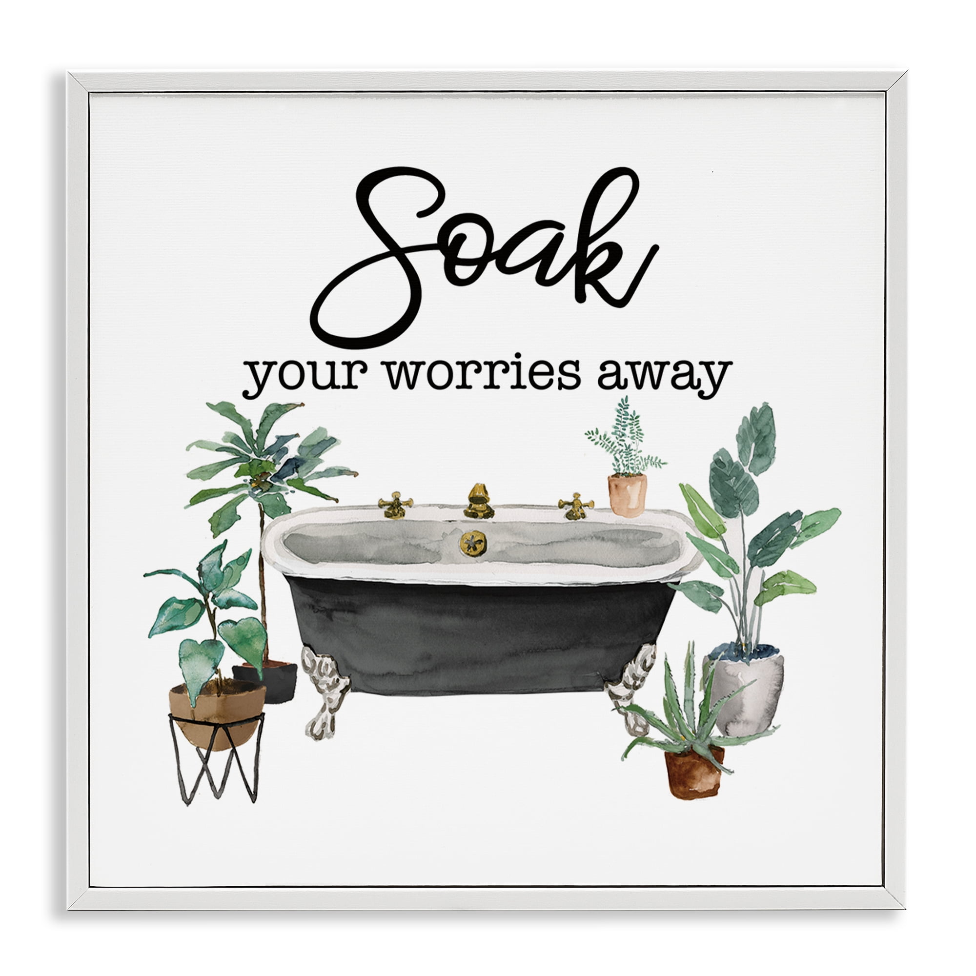 Stupell Industries Soak Worries Away Plants Bath & Laundry Painting White Framed Art Print Wall Art, 12 x 12