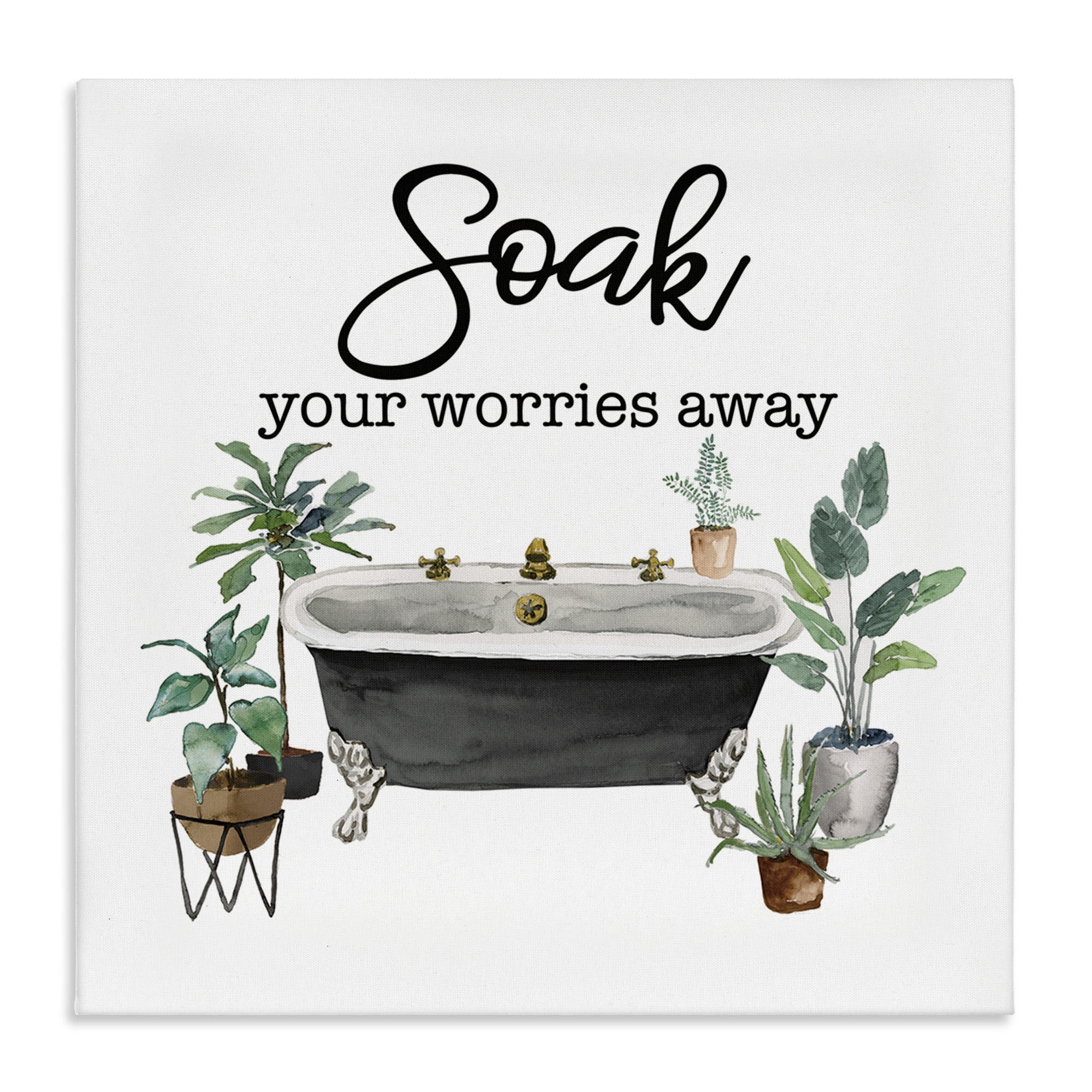 Stupell Industries Soak Worries Away Plants Bath & Laundry Painting Wrapped Canvas Art Print Wall Art, 17 x 17