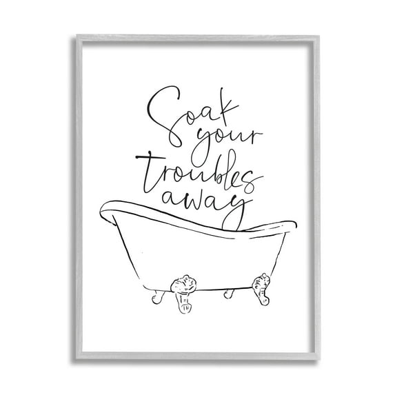 Stupell Industries Soak Your Troubles Away Ink Drawing Bathroom Design Graphic Art Gray Framed Art Print Wall Art, 11x14, by Milli Villa