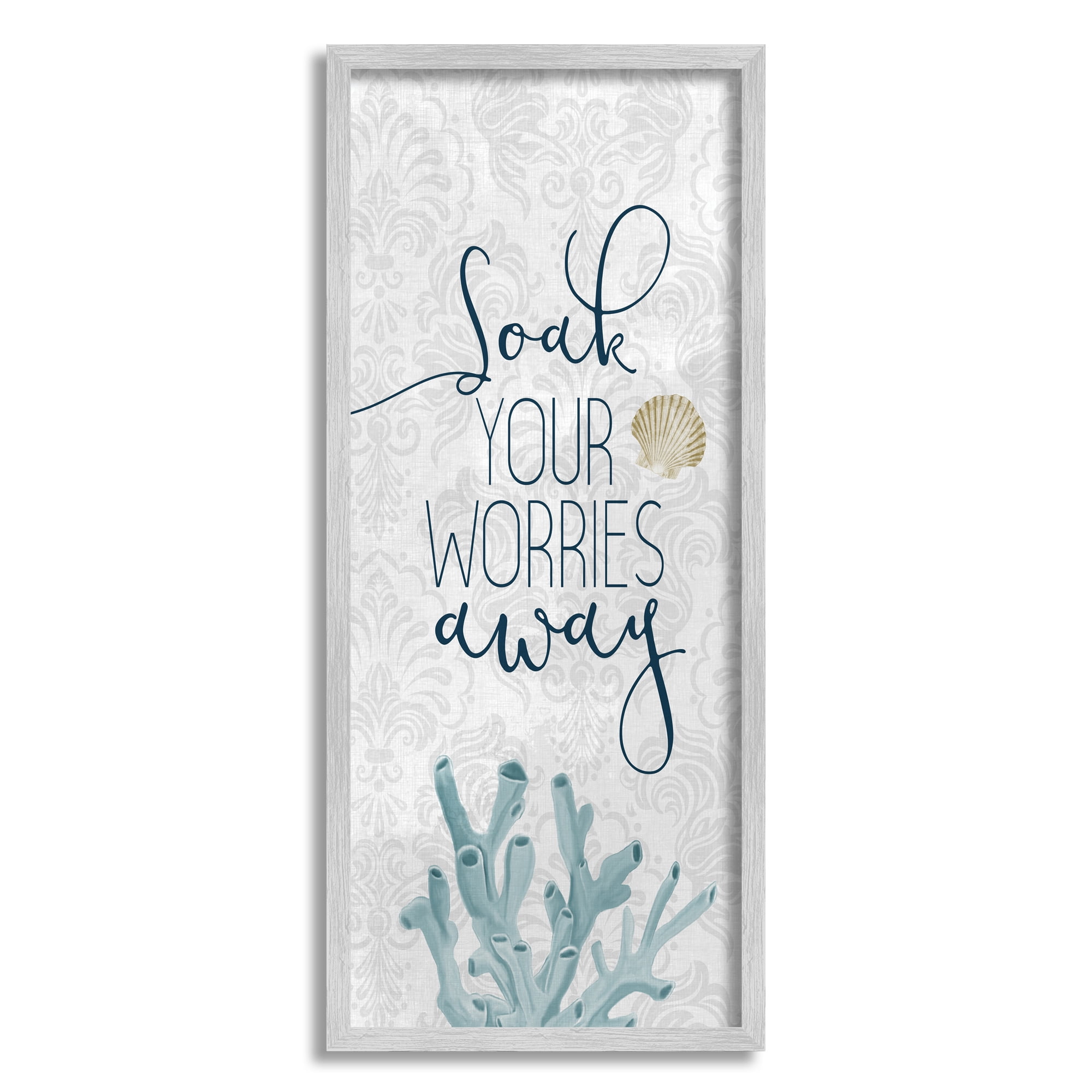 Stupell Industries Soak Your Worries Away Phrase Blue Coral Bathroom Shell, 10 x 24, Designed by Kim Allen