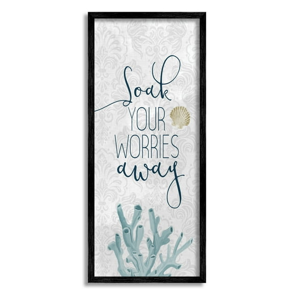 Stupell Industries Soak Your Worries Away Phrase Blue Coral Bathroom Shell, 10 x 24, Designed by Kim Allen