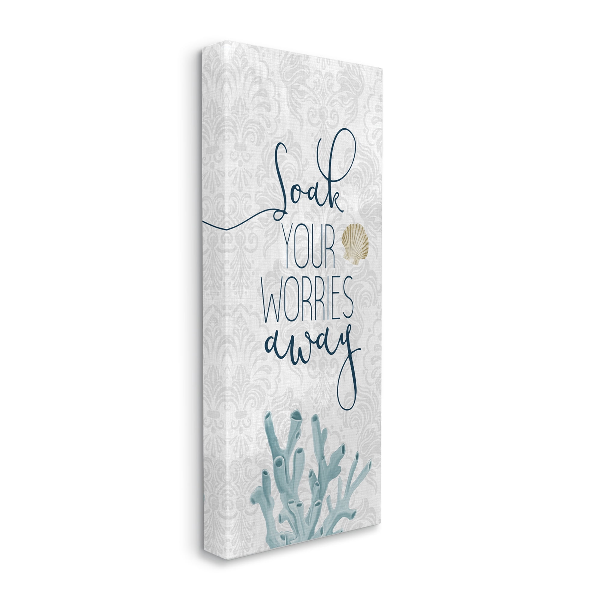 Stupell Industries Soak Your Worries Away Phrase Blue Coral Bathroom Shell, 17 x 40, Designed by Kim Allen