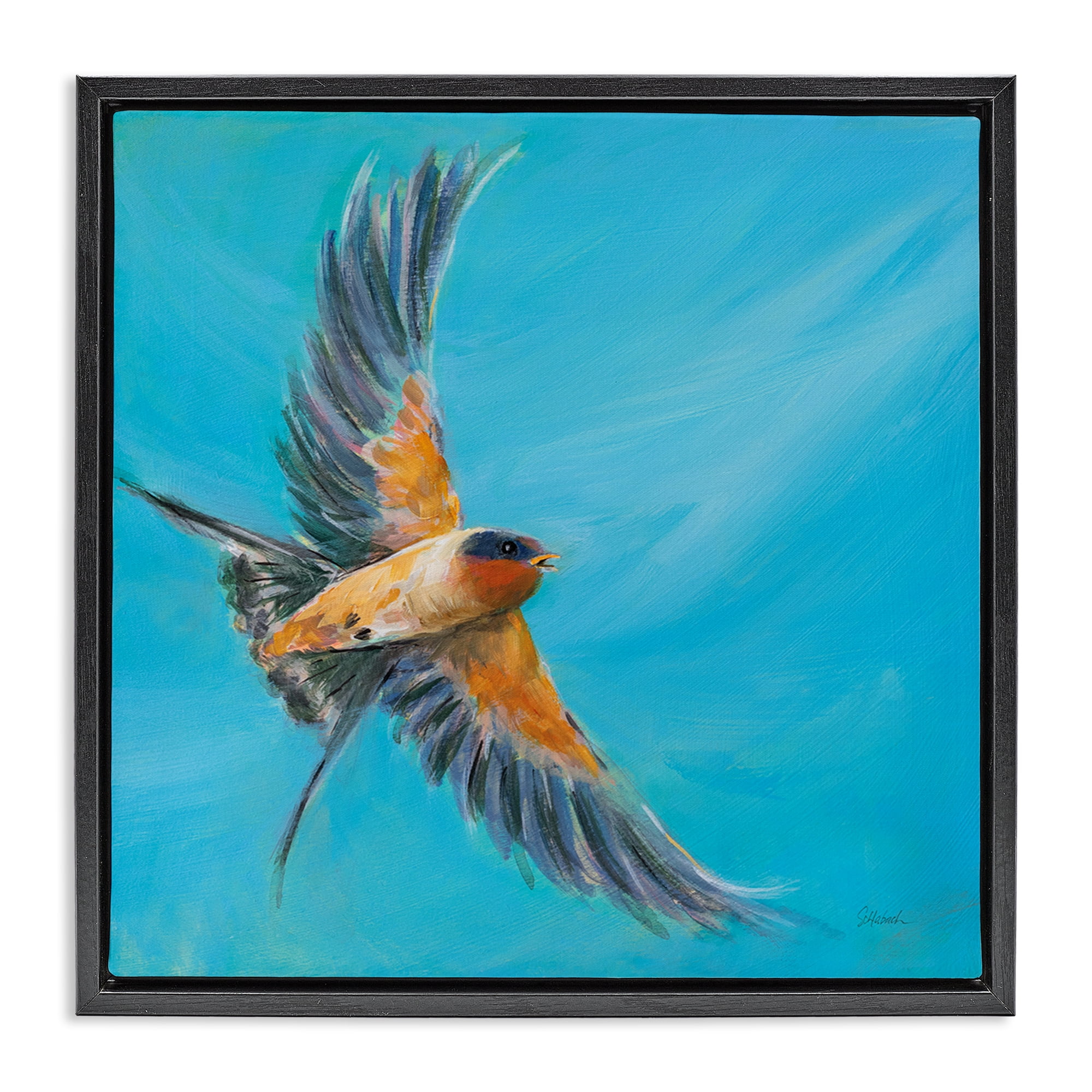 Stupell Industries Soaring Bird on Blue Animals & Insects Painting Black Floater Framed Canvas Art Print Wall Art, 18 x 18