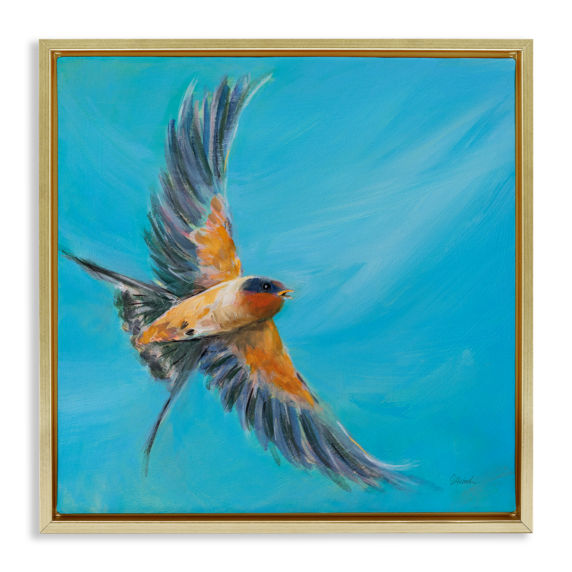 Stupell Industries Soaring Bird on Blue Animals & Insects Painting Gold Floater Framed Canvas Art Print Wall Art, 18 x 18