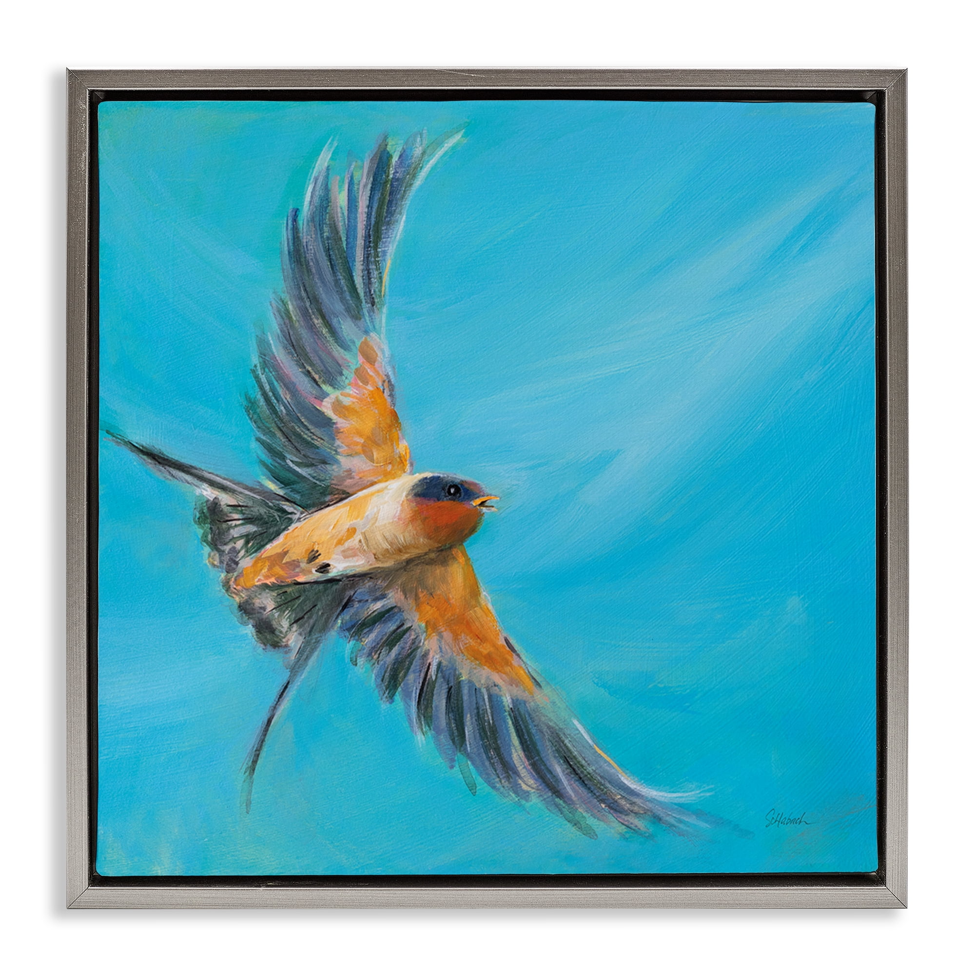 Stupell Industries Soaring Bird on Blue Animals & Insects Painting Gray Floater Framed Canvas Art Print Wall Art, 25 x 25