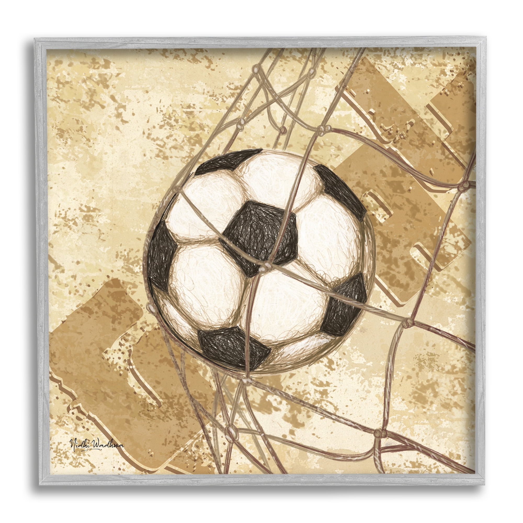 Stupell Industries Soccer Ball in Goal Sports Painting Gray Framed Art Print Wall Art, 17 x 17