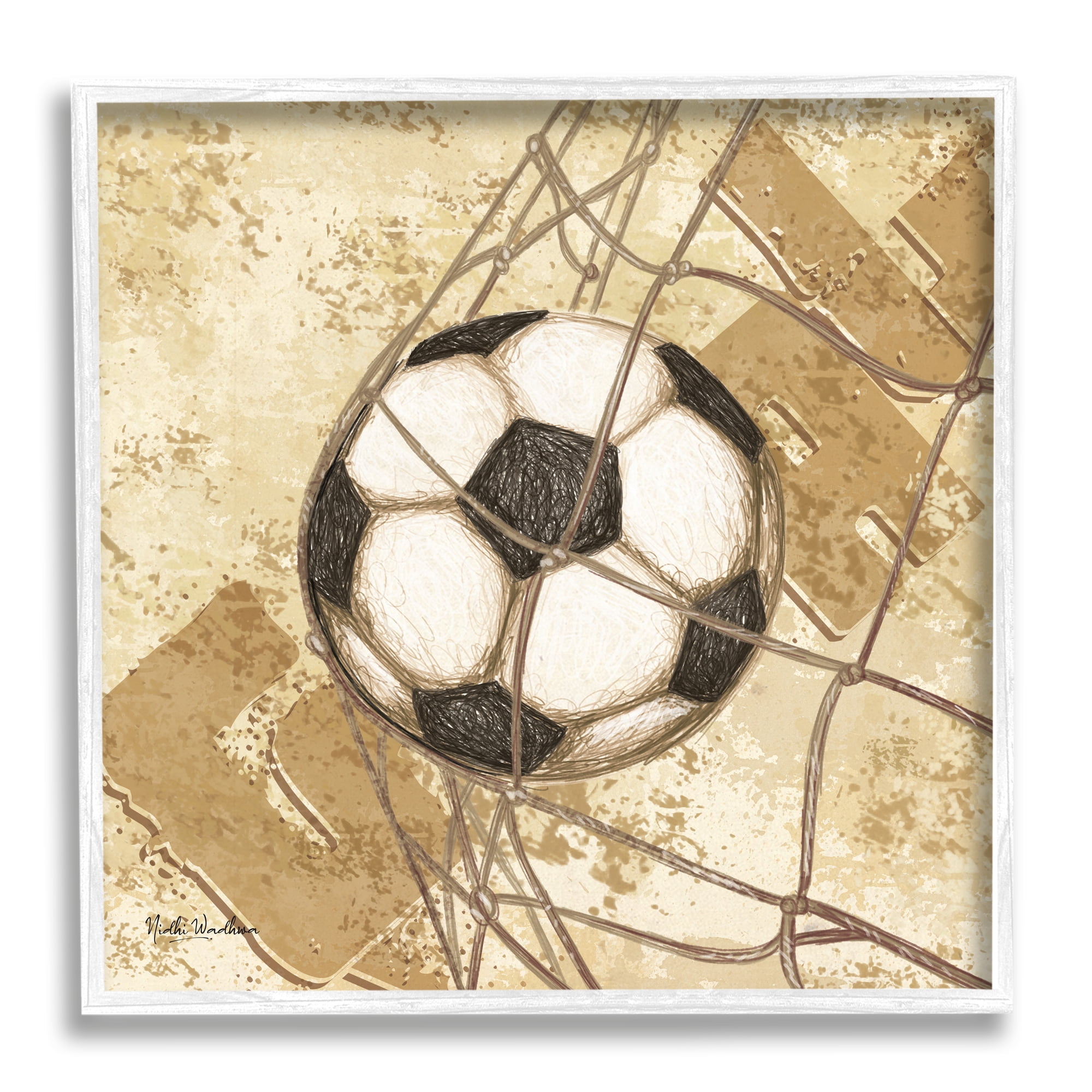 Stupell Industries Soccer Ball in Goal Sports Painting White Framed Art Print Wall Art, 12 x 12