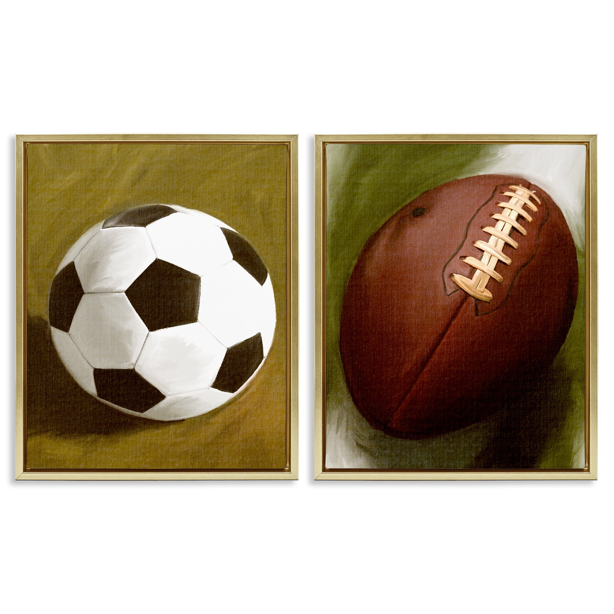 Stupell Industries Soccer & Football Traditional Sports Painting Gold Floater Framed Canvas Art Print Wall Art, 17 x 21, Set of 2