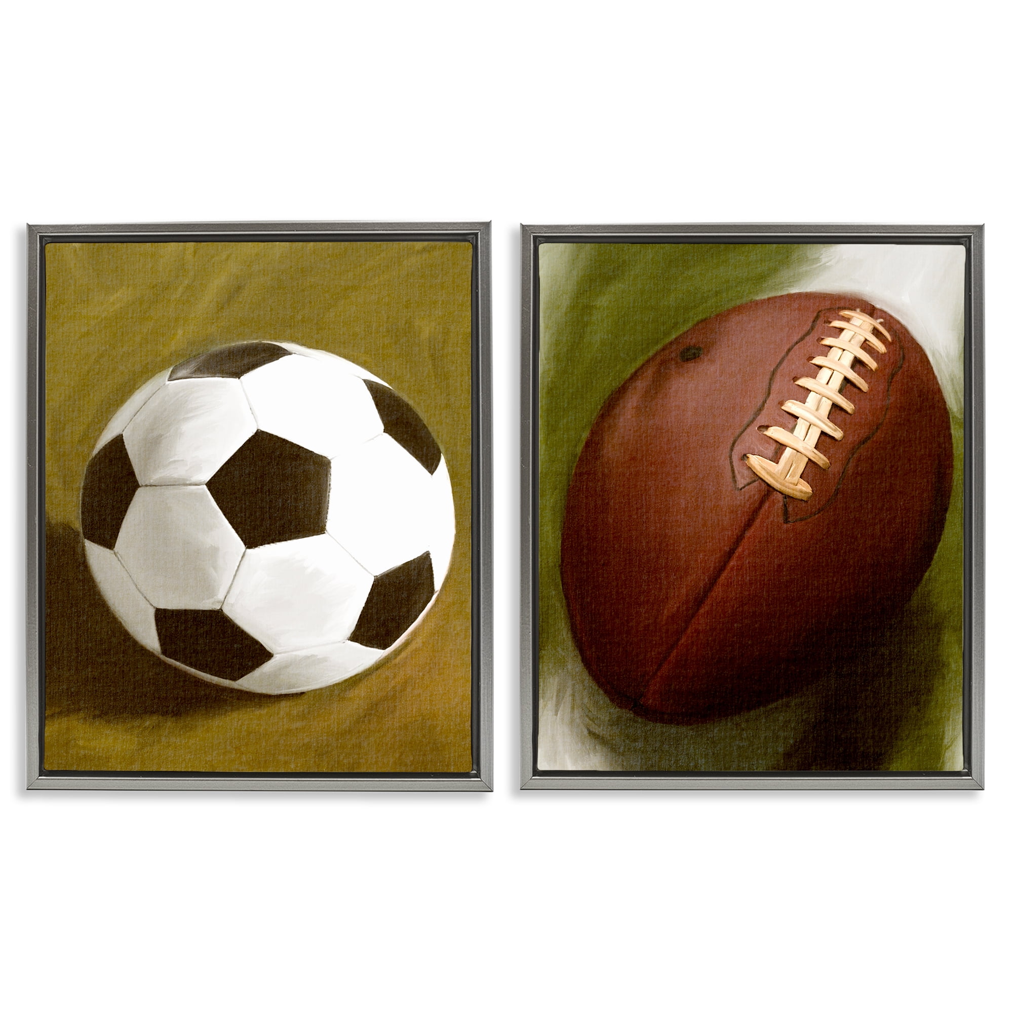 Stupell Industries Soccer & Football Traditional Sports Painting Gray Floater Framed Canvas Art Print Wall Art, 31 x 25, Set of 2