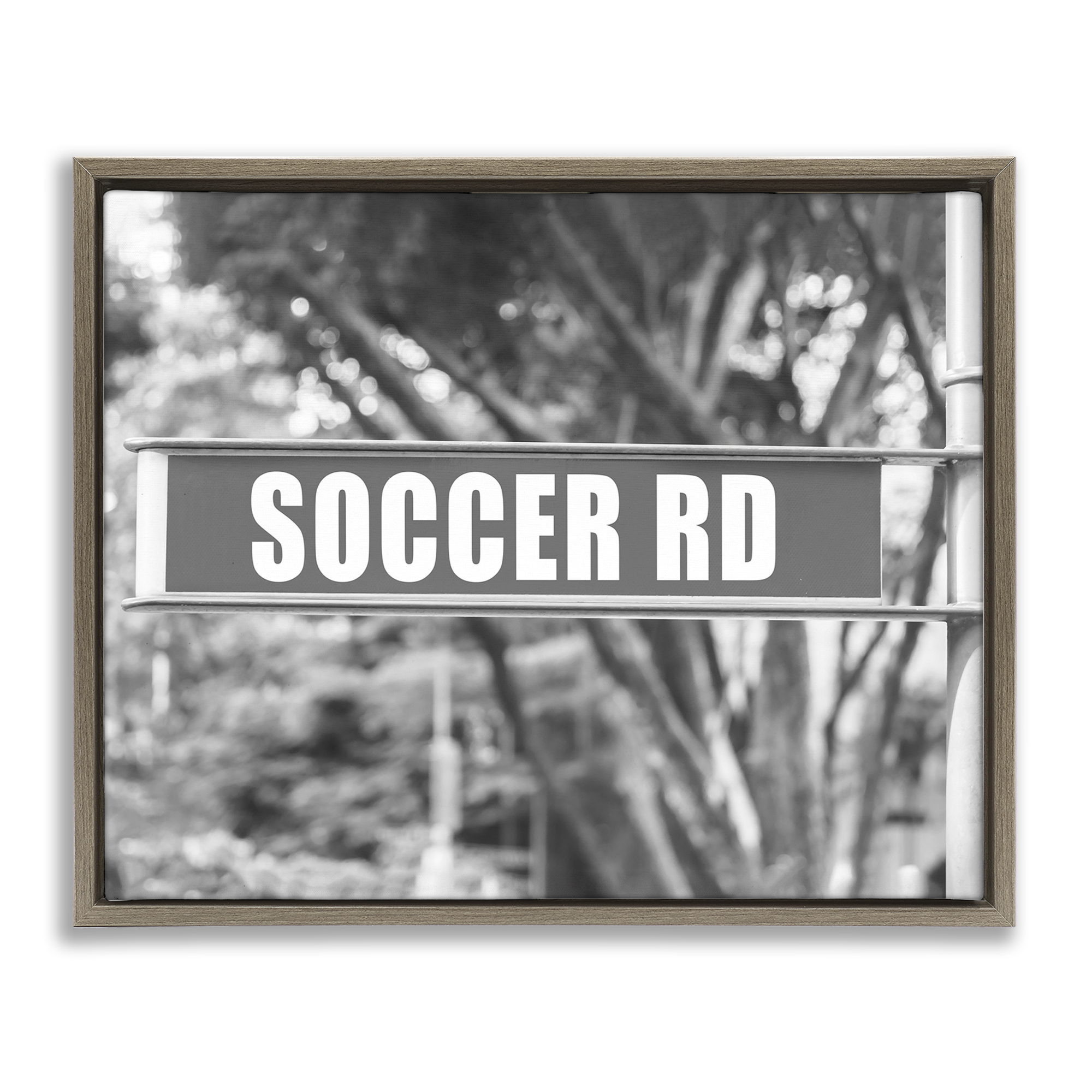 Stupell Industries Soccer Road Sign Sports Photography Brown Floater Framed Canvas Art Print Wall Art, 21 x 17