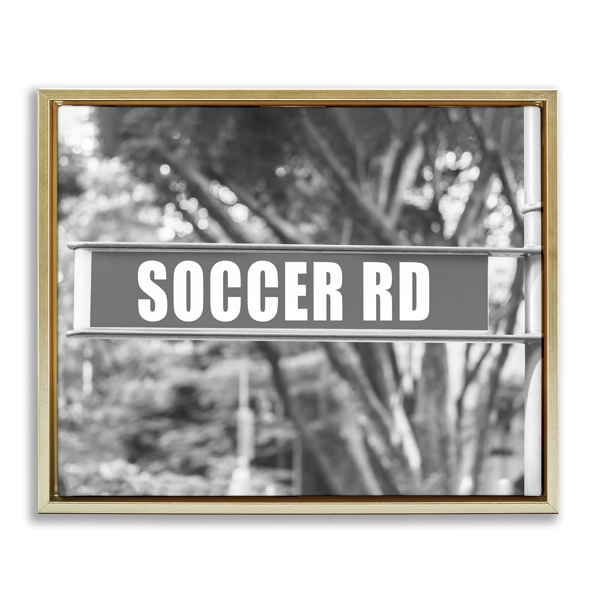 Stupell Industries Soccer Road Sign Sports Photography Gold Floater Framed Canvas Art Print Wall Art, 31 x 25