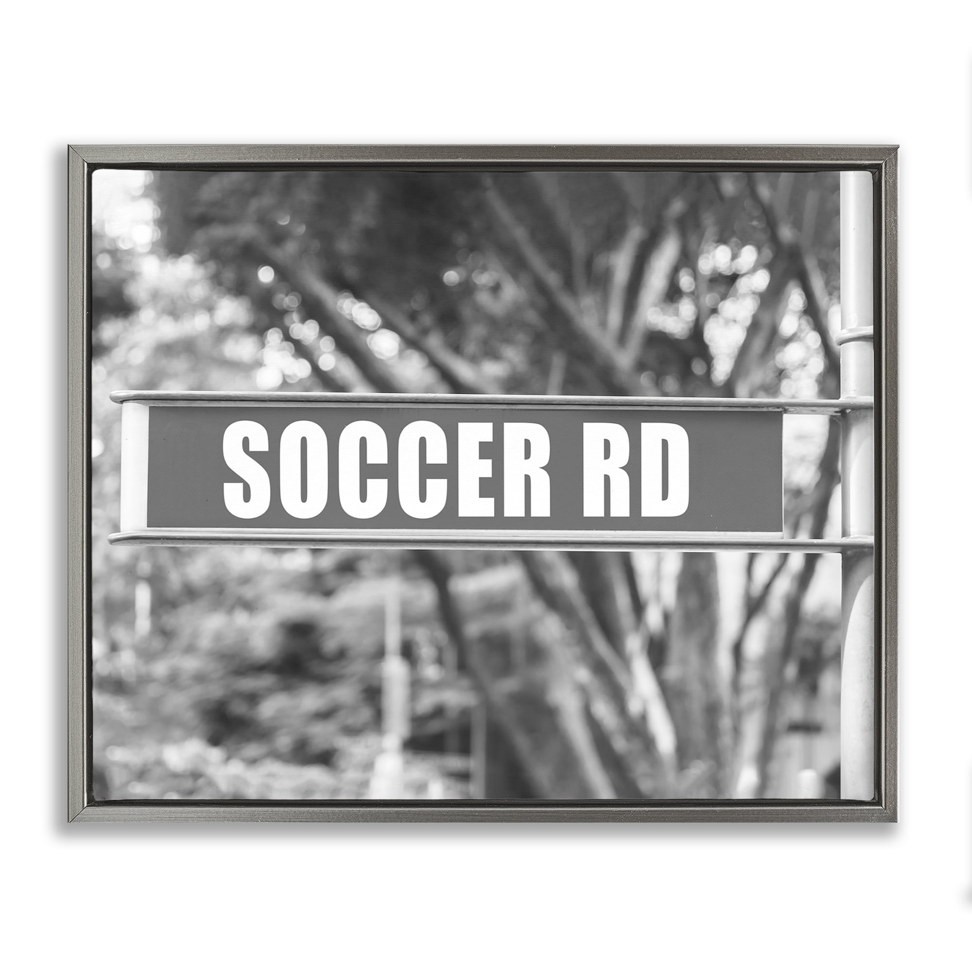 Stupell Industries Soccer Road Sign Sports Photography Gray Floater Framed Canvas Art Print Wall Art, 21 x 17