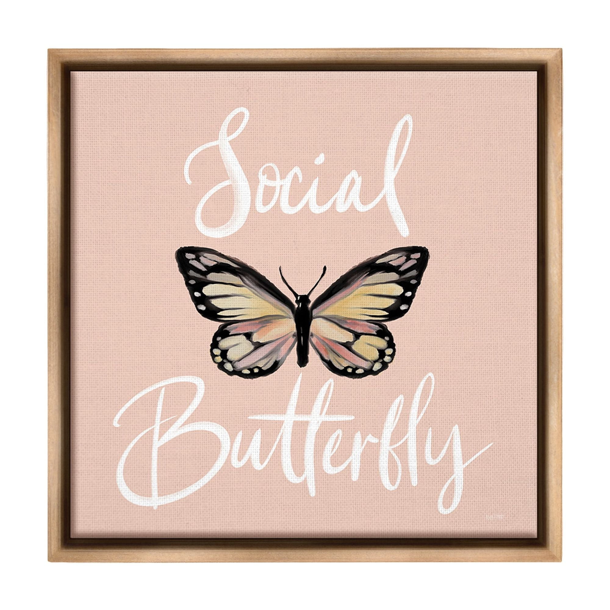 Stupell Industries Social Butterfly Phrase Animals & Insects Painting Brown Floater Framed Canvas Art Print Wall Art, 18 x 18