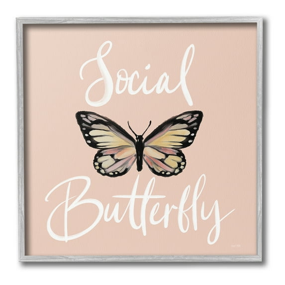 Stupell Industries Social Butterfly Phrase Animals & Insects Painting Gray Framed Art Print Wall Art, 12 x 12