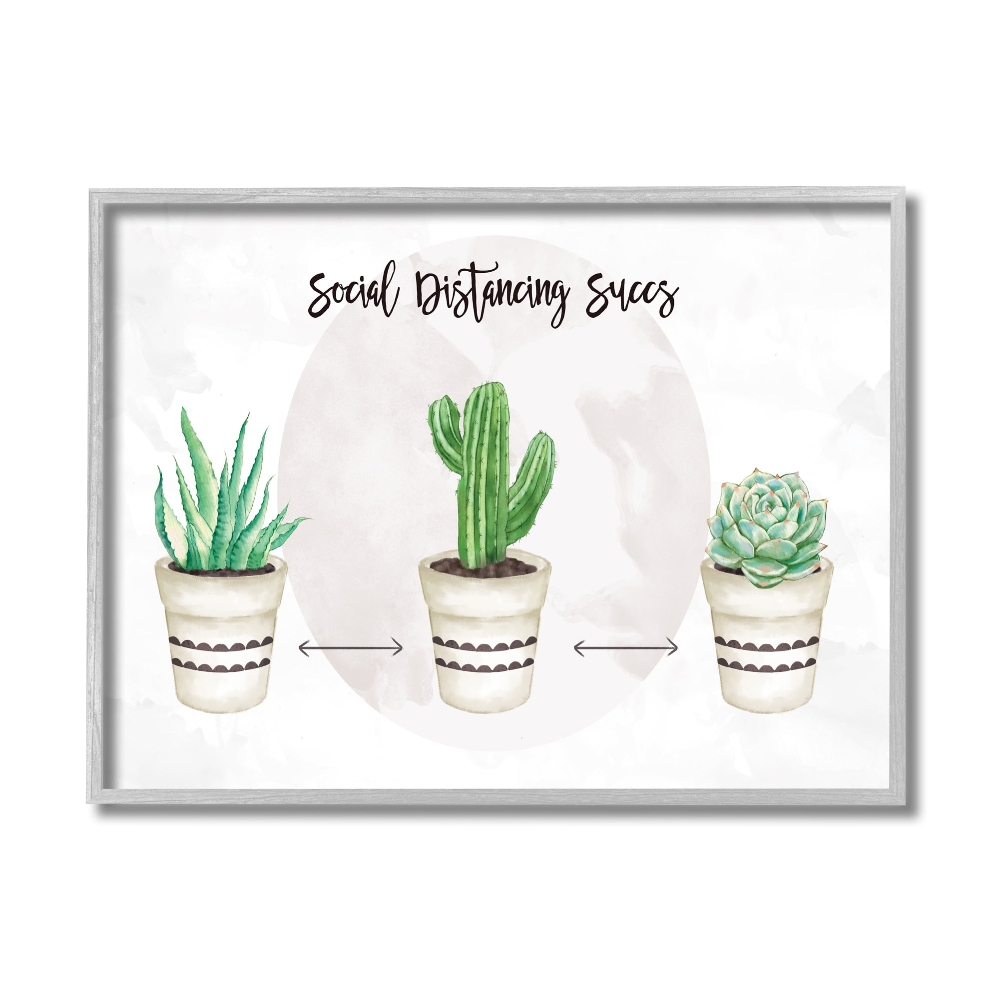 Stupell Industries Social Distancing Succs Humorous Succulent Pun Botanical & Floral Painting Gray Framed Art Print Wall Art, 16 x 20