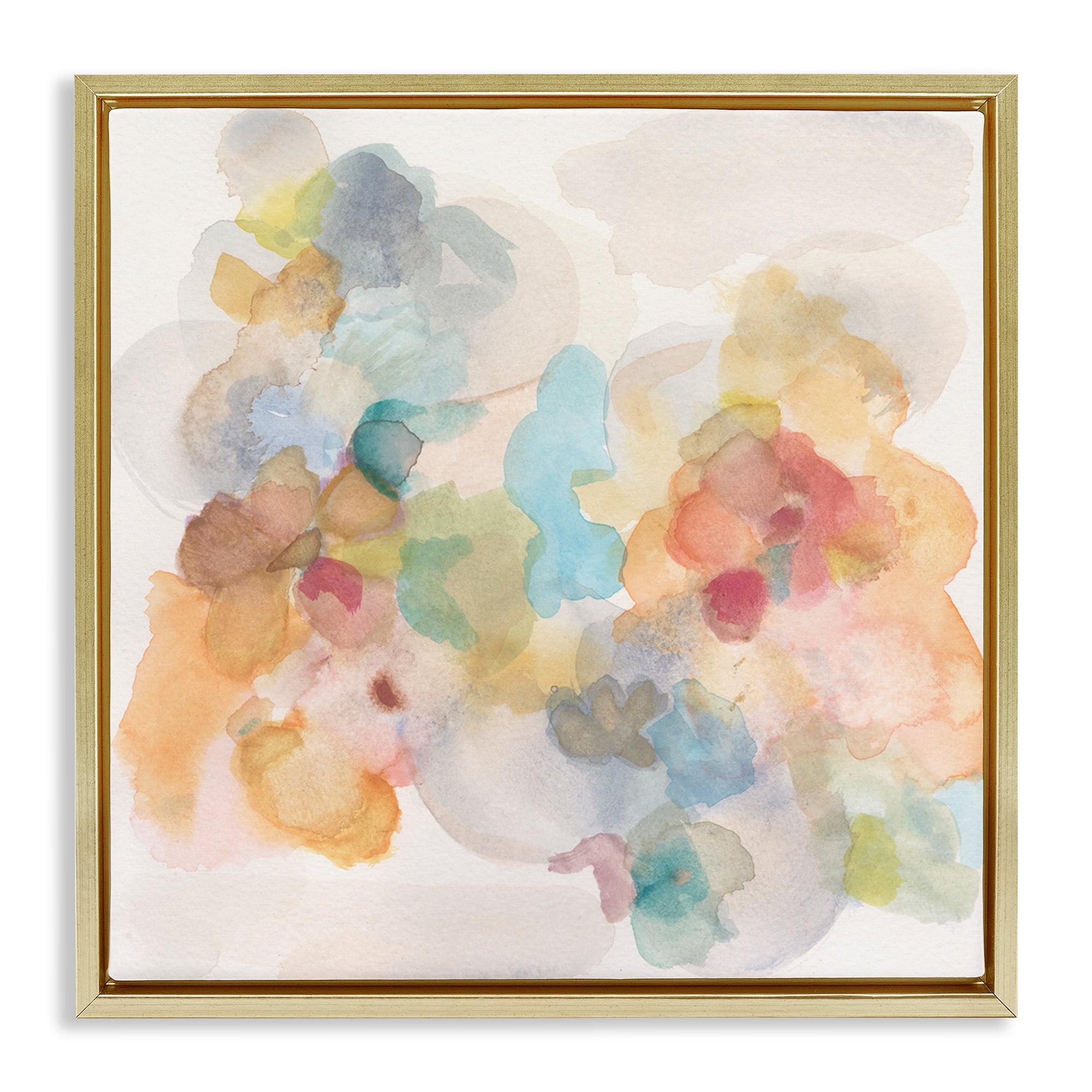 Stupell Industries Soft Abstract Watercolor Splash Abstract Painting Gold Floater Framed Canvas Art Print Wall Art, 18 x 18