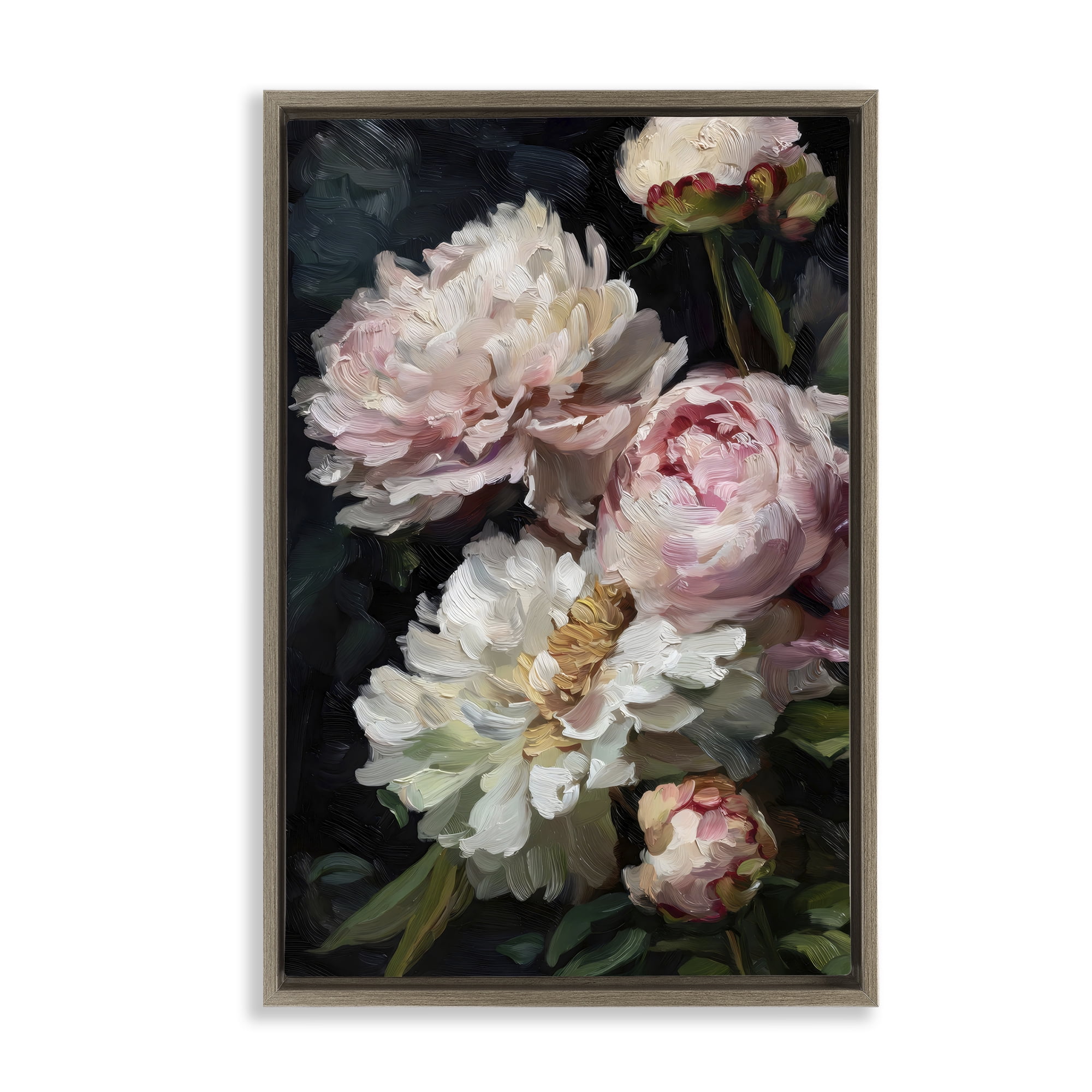 Stupell Industries Soft And Moody Peonies Brown Framed Floater Canvas Wall Art, design by Petal Prints Design