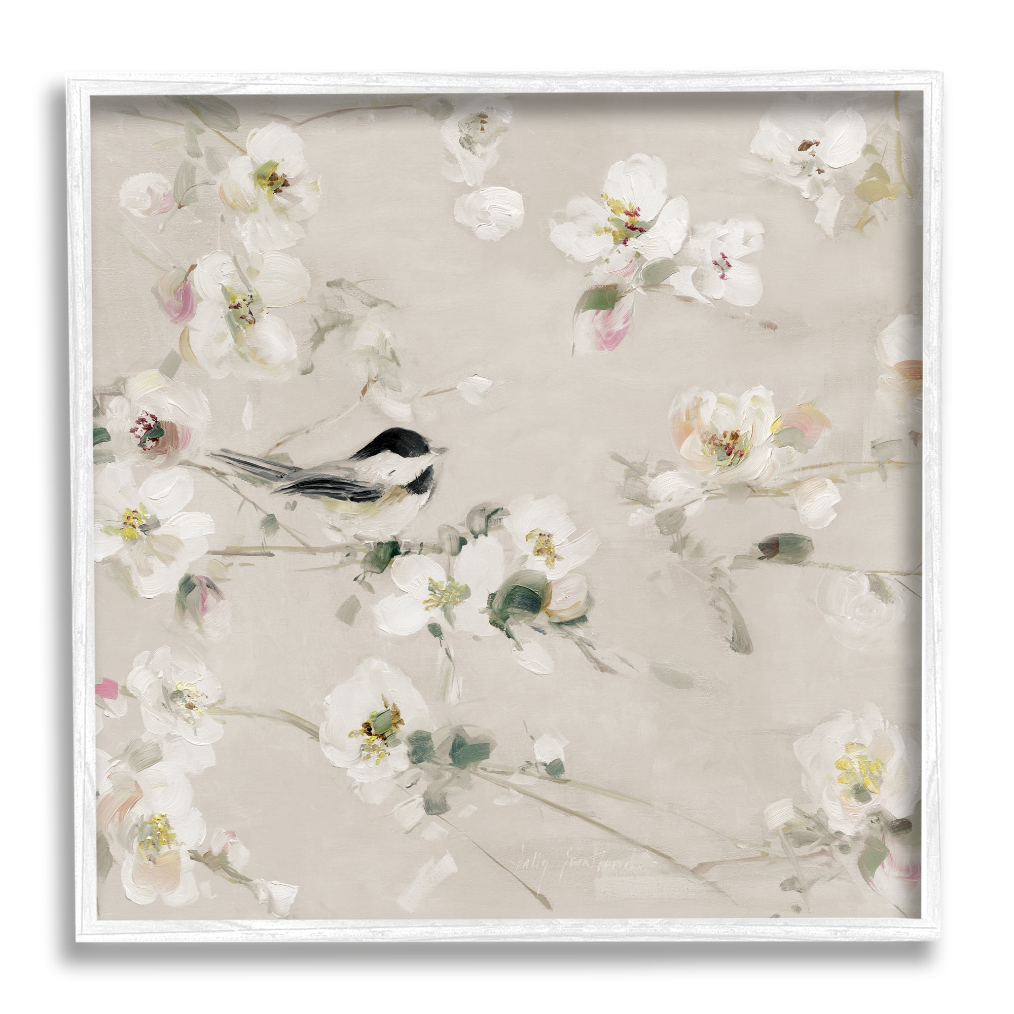 Stupell Industries Soft Apple Blossom Bird Animals & Insects Painting White Framed Art Print Wall Art, 17 x 17