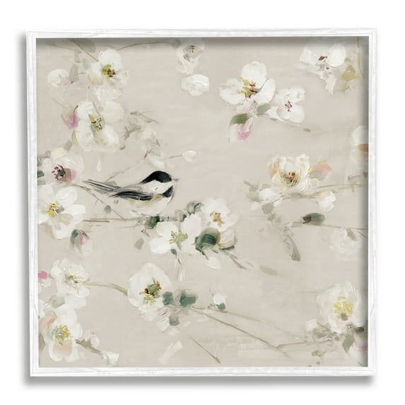 Stupell Industries Soft Apple Blossom Bird Animals & Insects Painting White Framed Art Print Wall Art, 24 x 24