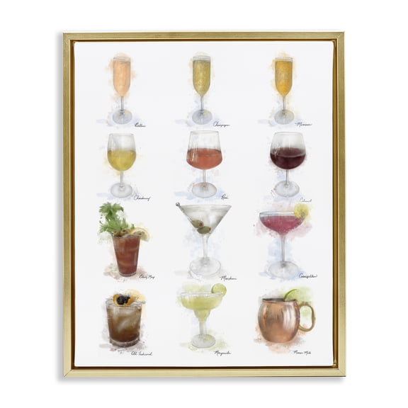 Stupell Industries Soft Artisanal Cocktails Menu Food & Beverage Painting Gold Floater Framed Canvas Art Print Wall Art, 17 x 21