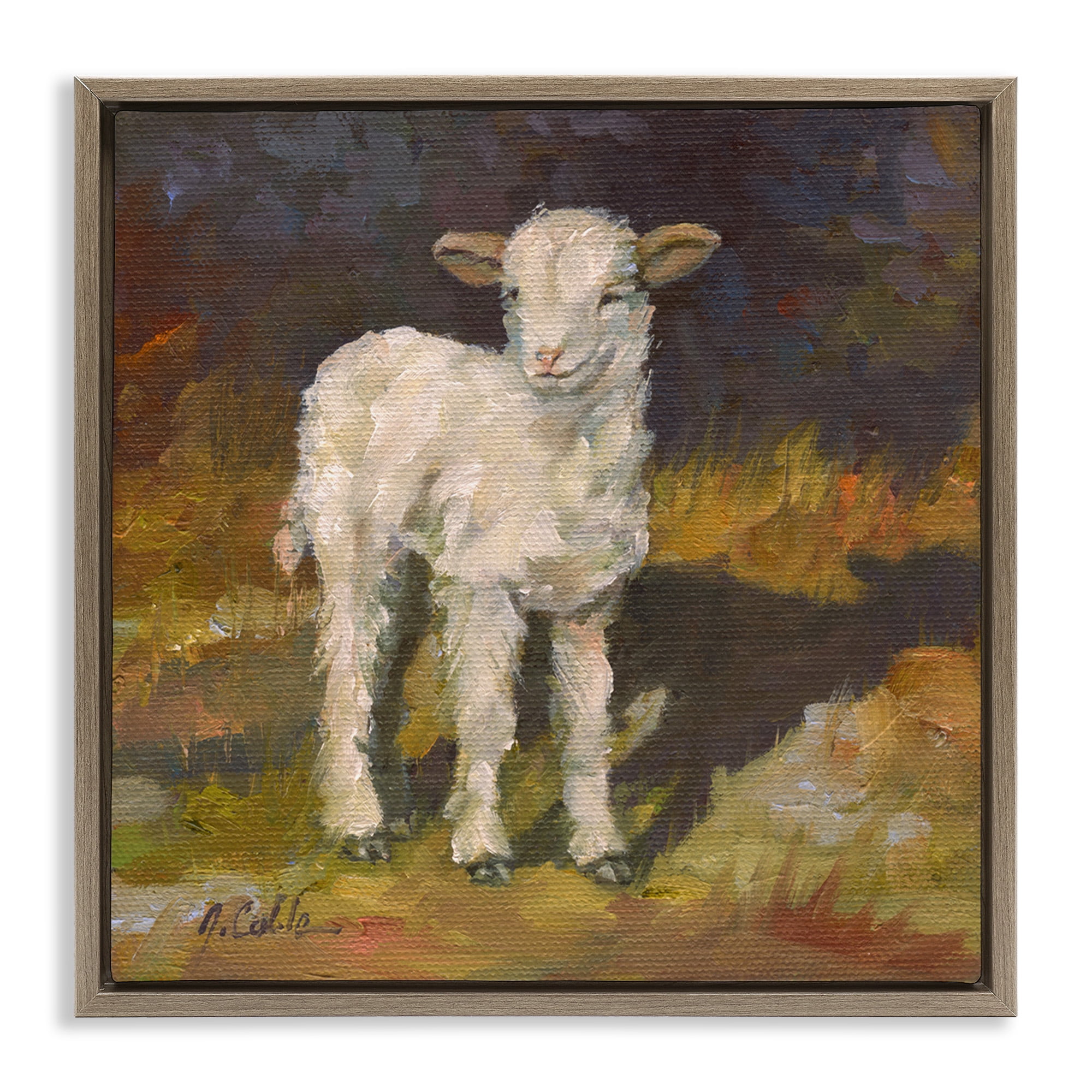 Stupell Industries Soft Baby Lamb Painting Animals & Insects Painting Brown Floater Framed Canvas Art Print Wall Art, 18 x 18