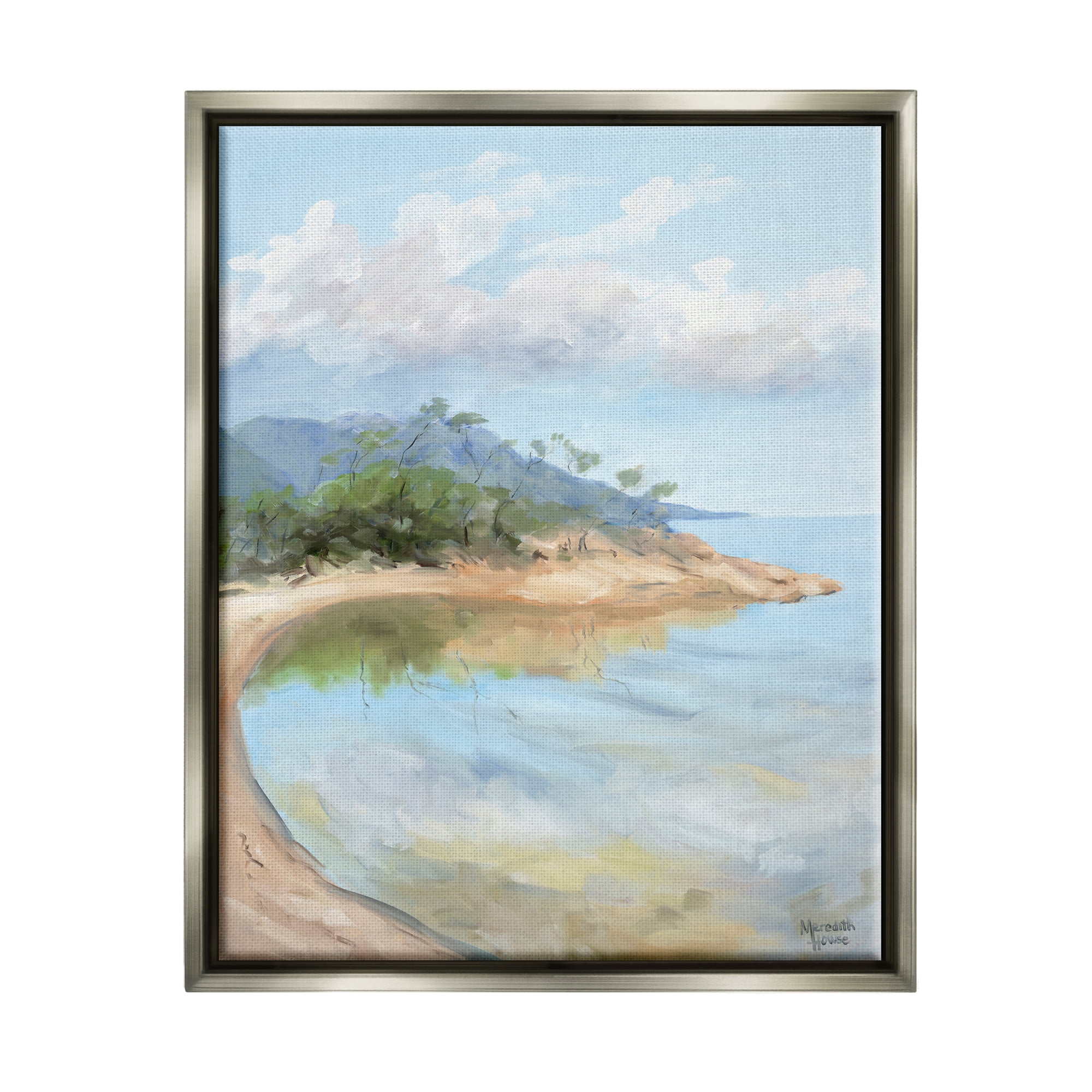 Stupell Industries Soft Beach Painting Landscape Painting Gray Floater Framed Canvas Art Print Wall Art, 17 x 21