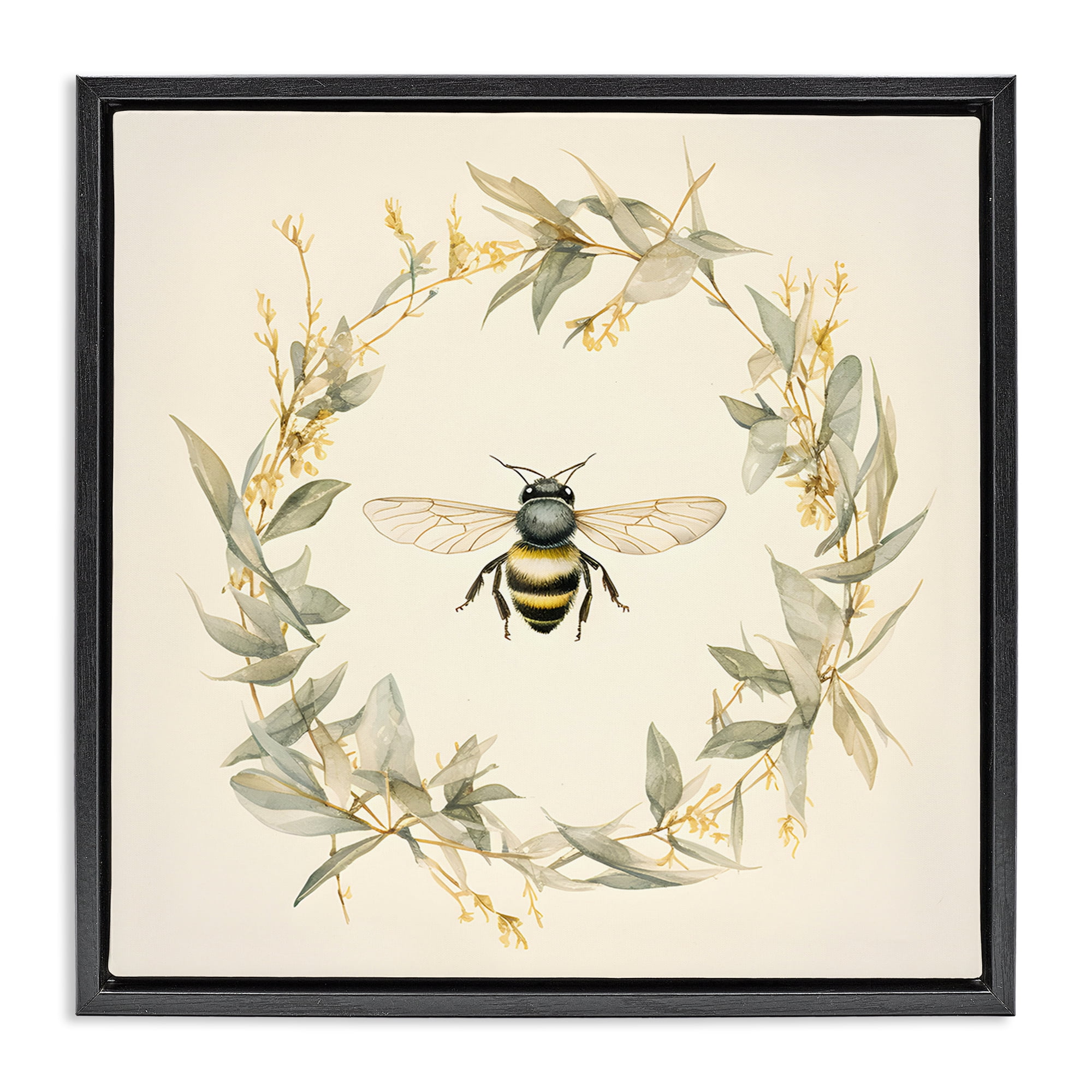 Stupell Industries Soft Bee Wreath Animals & Insects Painting Black Floater Framed Canvas Art Print Wall Art, 18 x 18