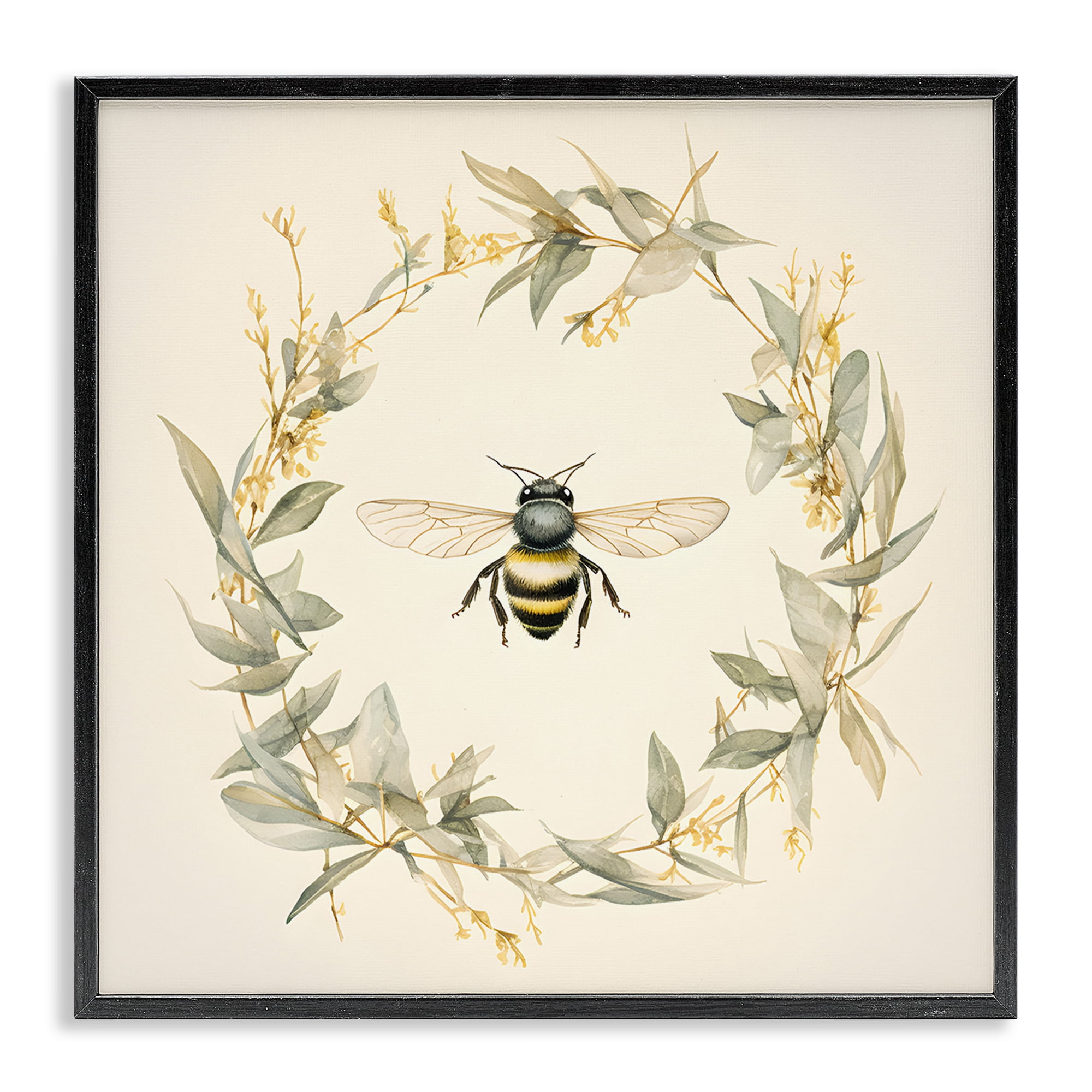 Stupell Industries Soft Bee Wreath Animals & Insects Painting Black Framed Art Print Wall Art, 17 x 17