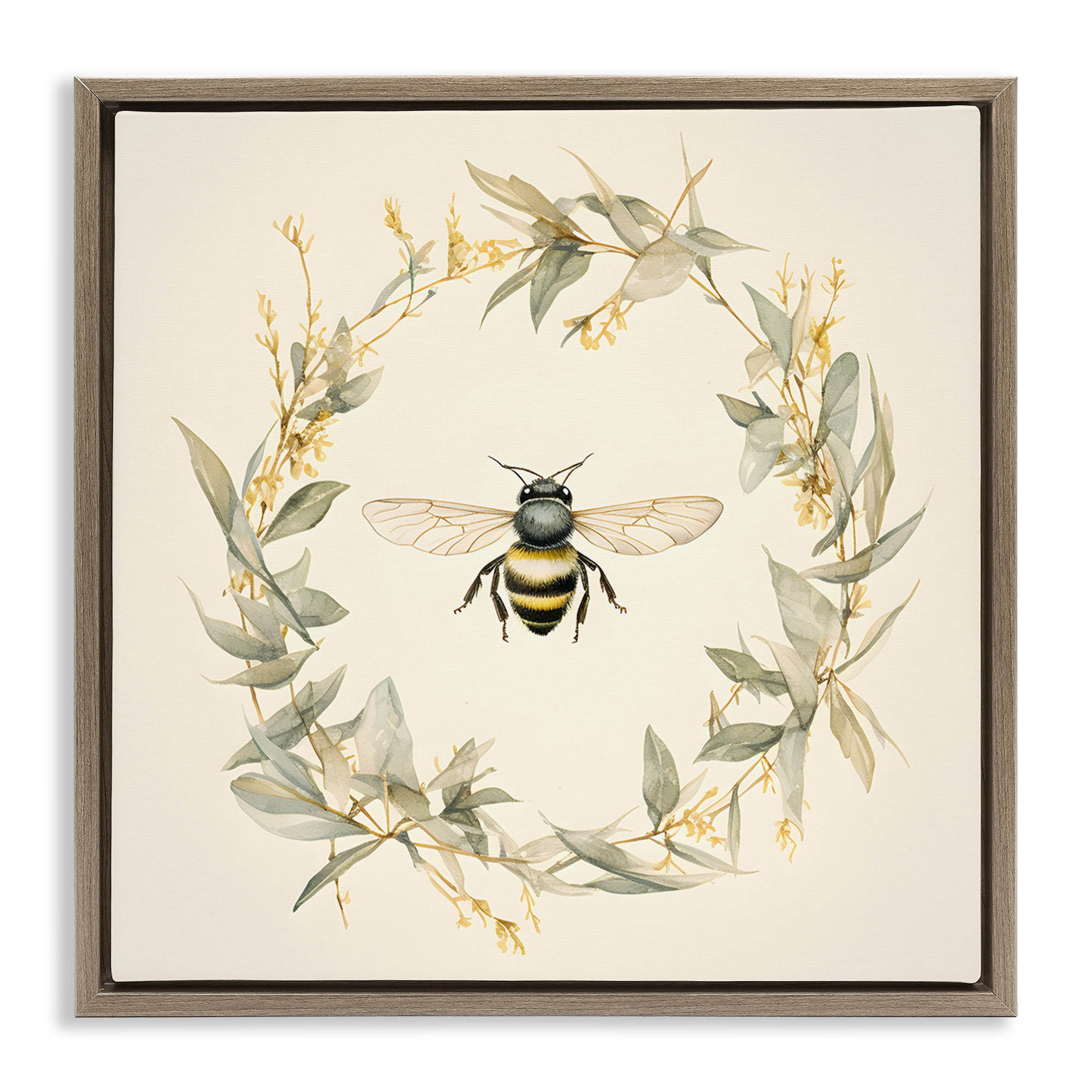 Stupell Industries Soft Bee Wreath Animals & Insects Painting Brown Floater Framed Canvas Art Print Wall Art, 25 x 25