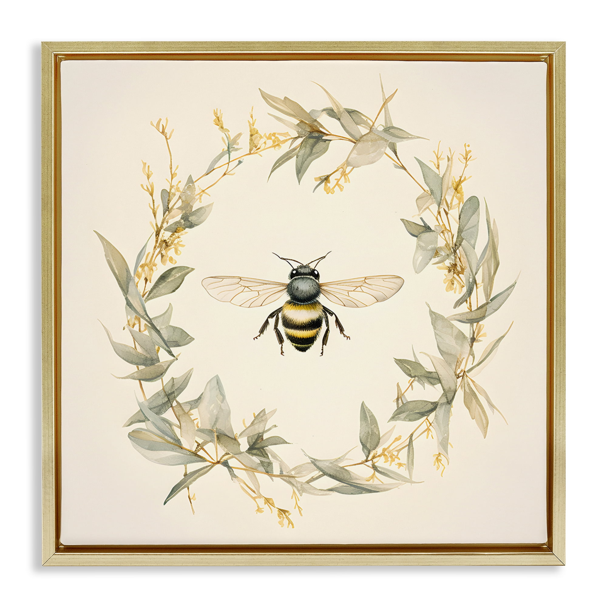 Stupell Industries Soft Bee Wreath Animals & Insects Painting Gold Floater Framed Canvas Art Print Wall Art, 18 x 18