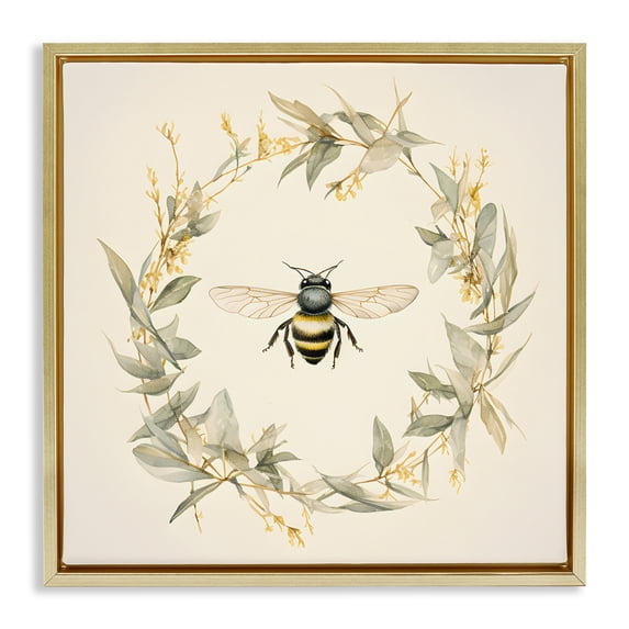Stupell Industries Soft Bee Wreath Animals & Insects Painting Gold Floater Framed Canvas Art Print Wall Art, 18 x 18