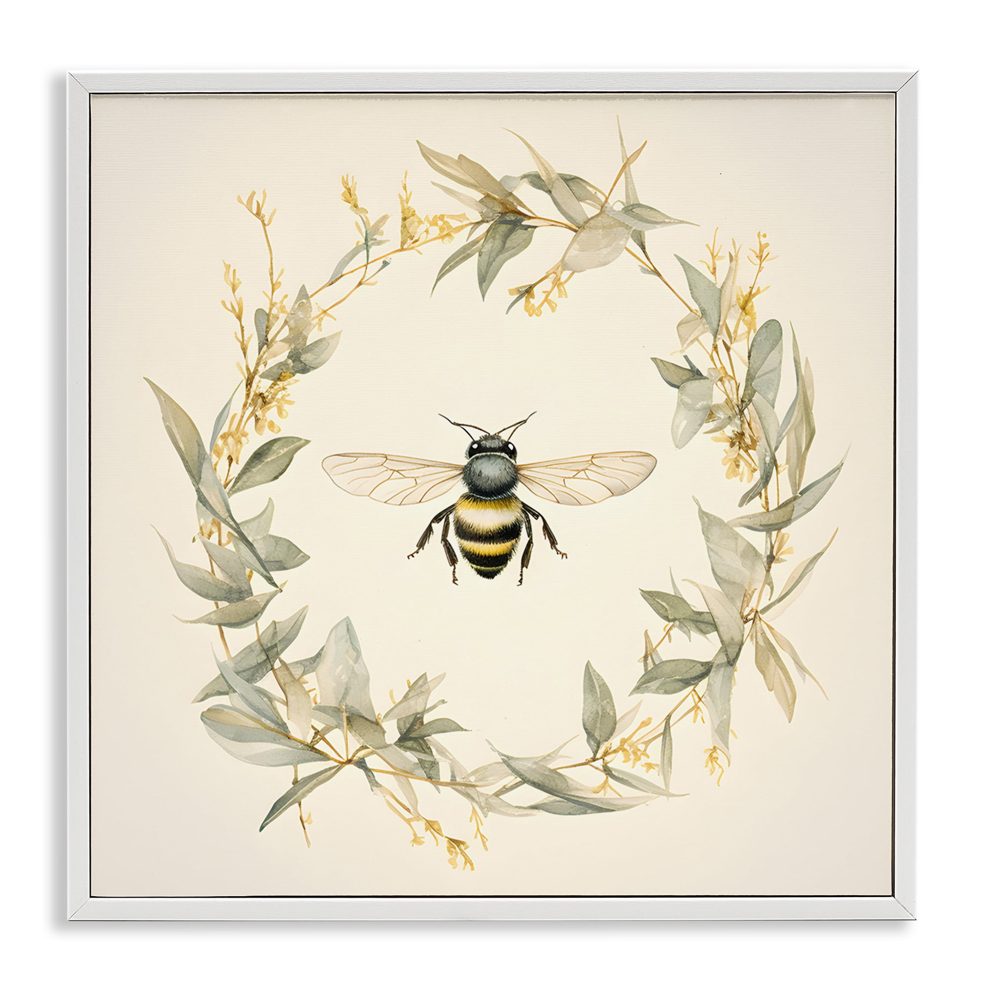 Stupell Industries Soft Bee Wreath Animals & Insects Painting White Framed Art Print Wall Art, 17 x 17