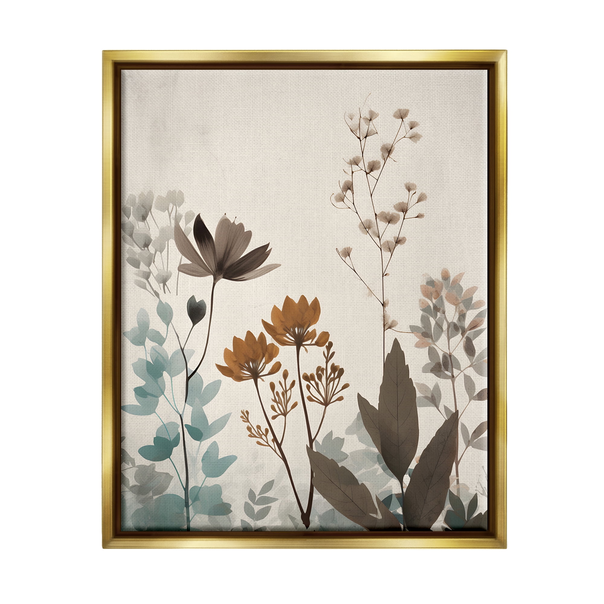 Stupell Industries Soft Beige Botanicals Botanical & Floral Painting Gold Floater Framed Canvas Art Print Wall Art, 17 x 21