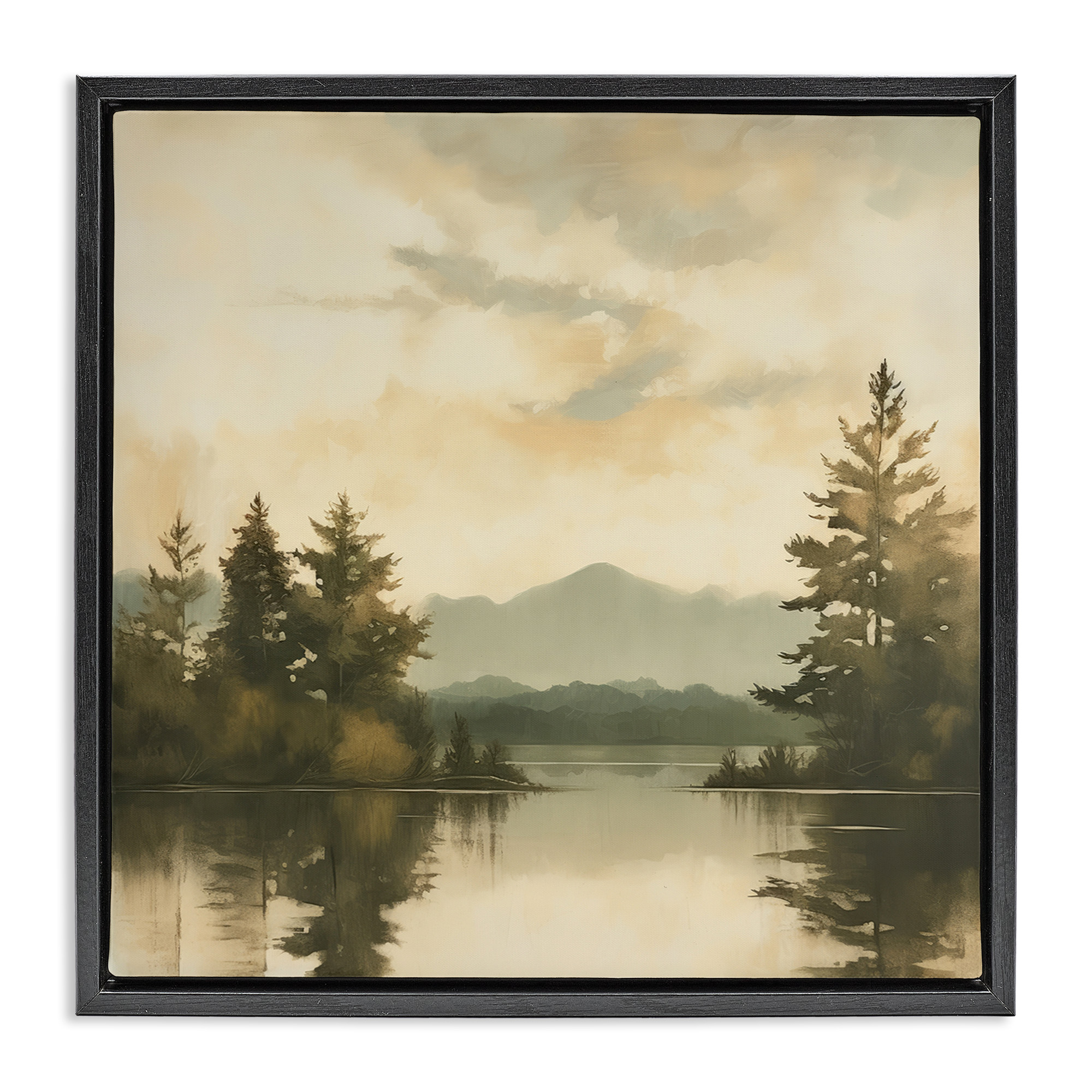 Stupell Industries Soft Beige Mountain Scenery Landscape Painting Black Floater Framed Canvas Art Print Wall Art, 18 x 18