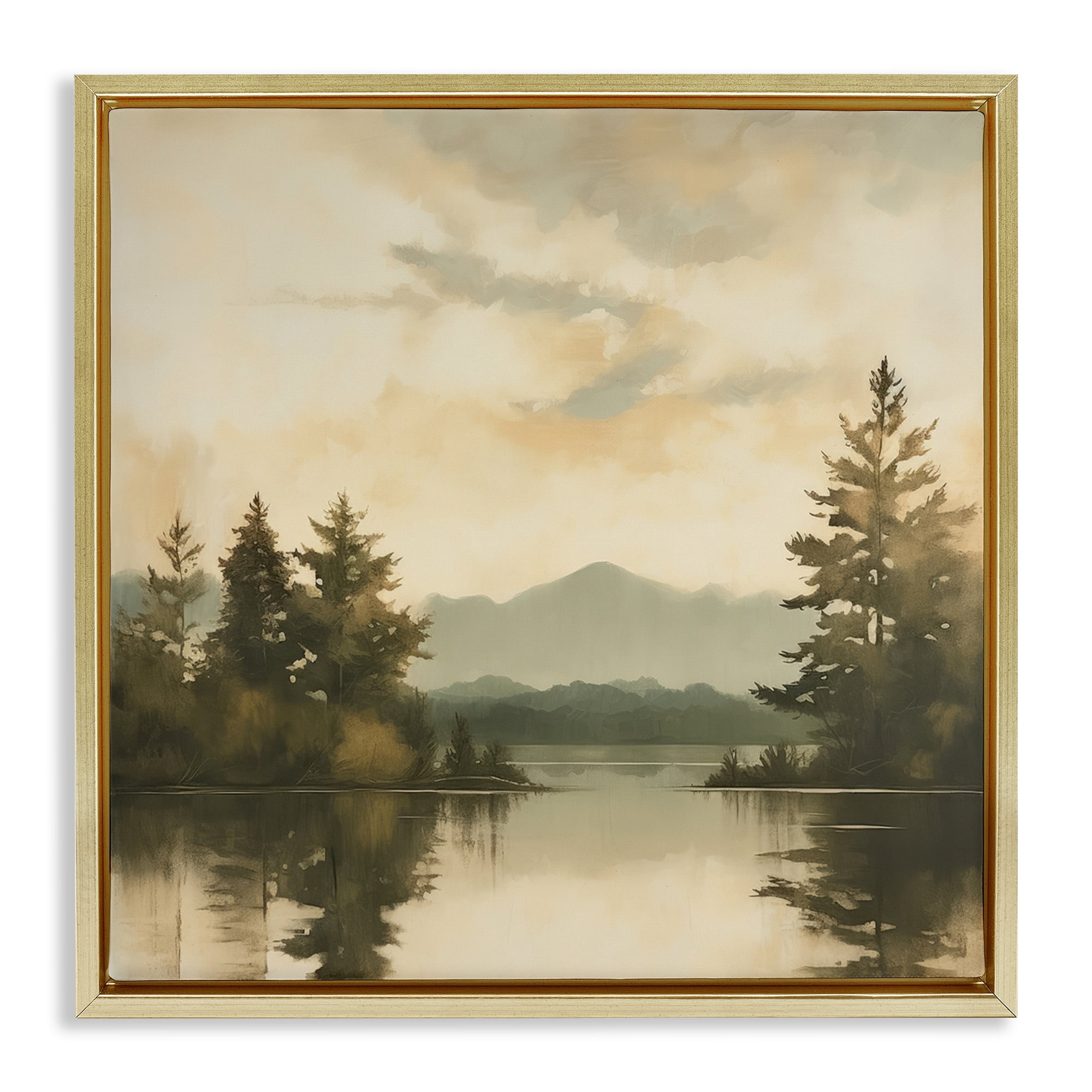 Stupell Industries Soft Beige Mountain Scenery Landscape Painting Gold Floater Framed Canvas Art Print Wall Art, 18 x 18