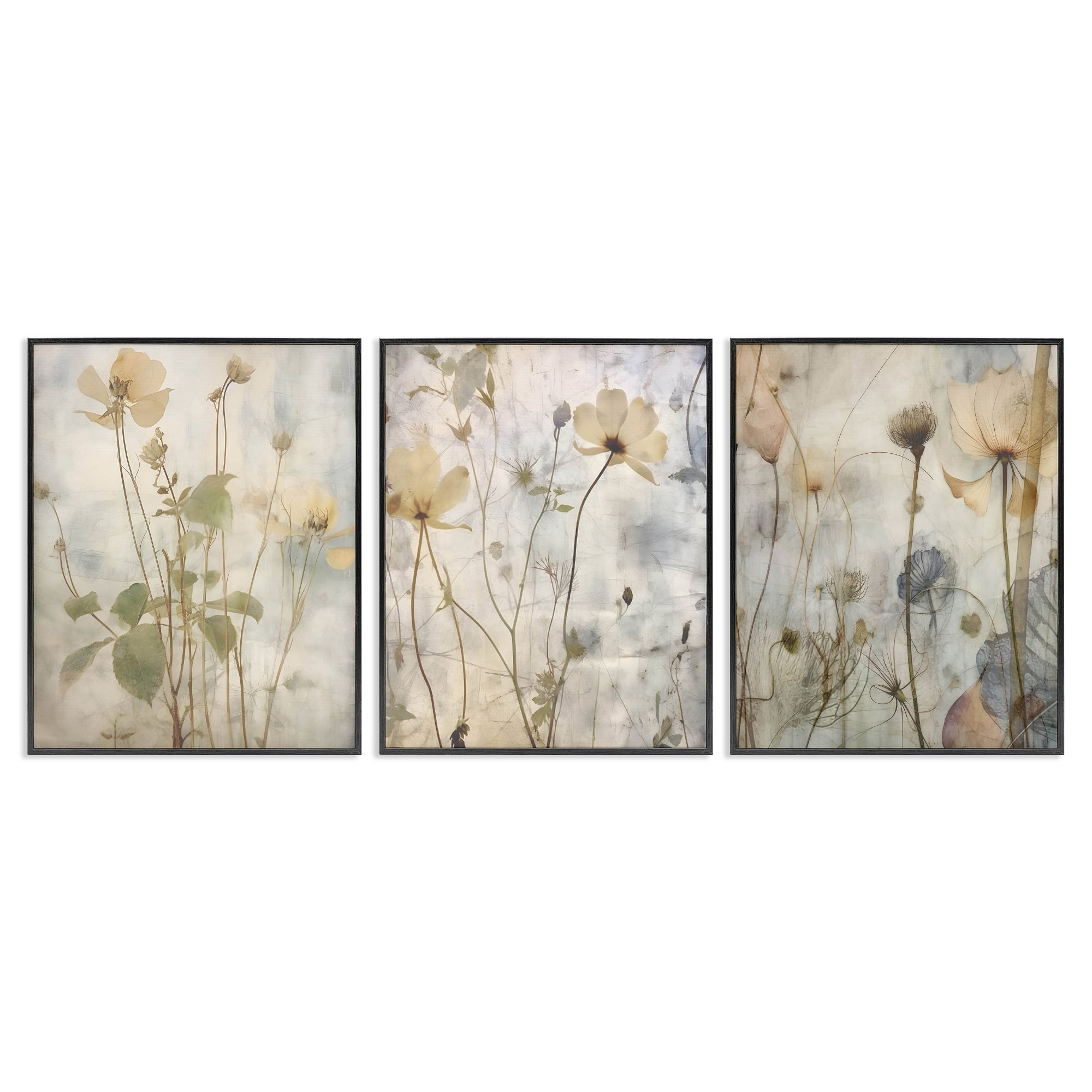 Stupell Industries Soft Blooming Botanicals Plants & Flowers Painting Black Framed Art Print Wall Art, 24 x 30, Set of 3