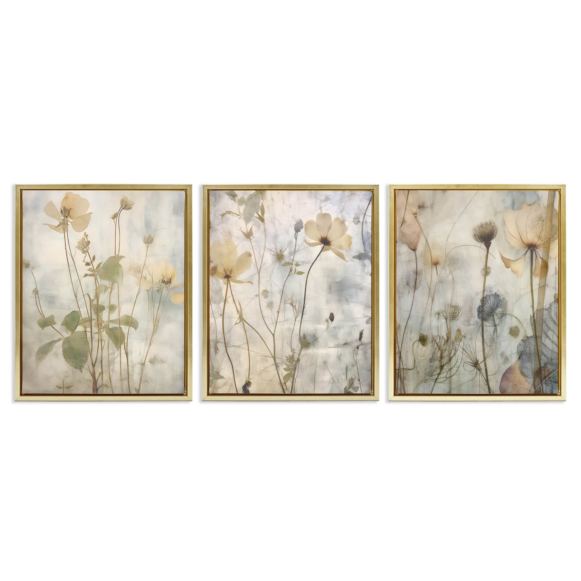 Stupell Industries Soft Blooming Botanicals Plants & Flowers Painting Gold Floater Framed Canvas Art Print Wall Art, 25 x 31, Set of 3