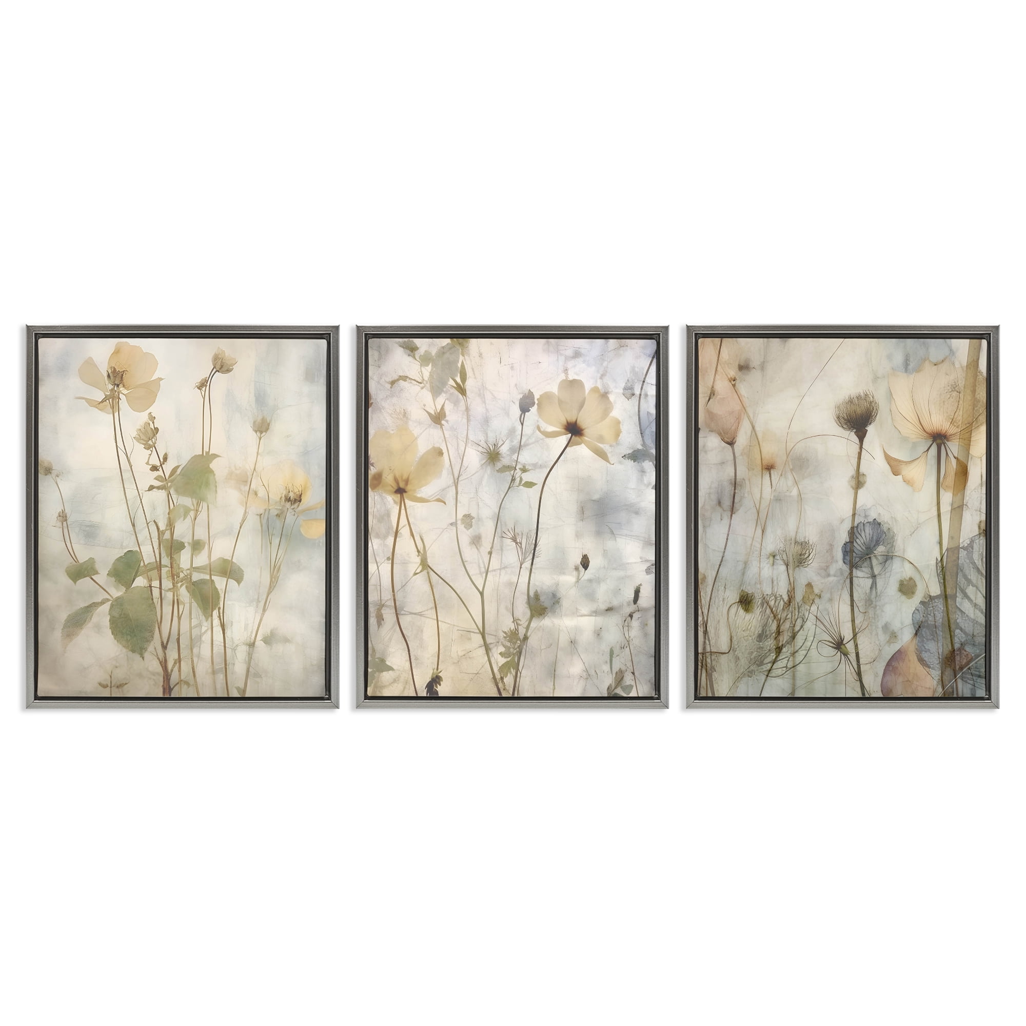 Stupell Industries Soft Blooming Botanicals Plants & Flowers Painting Gray Floater Framed Canvas Art Print Wall Art, 25 x 31, Set of 3
