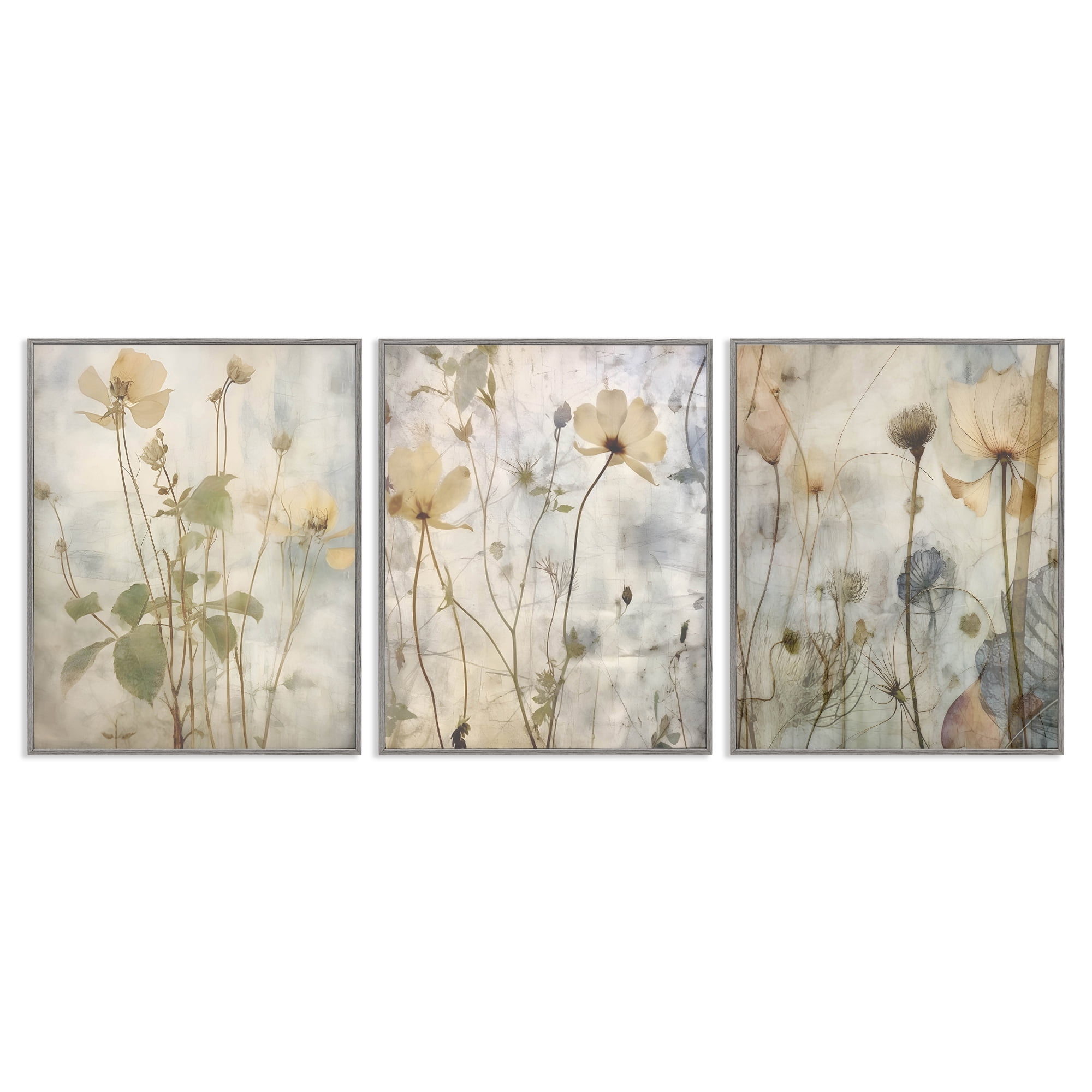 Stupell Industries Soft Blooming Botanicals Plants & Flowers Painting Gray Framed Art Print Wall Art, 16 x 20, Set of 3