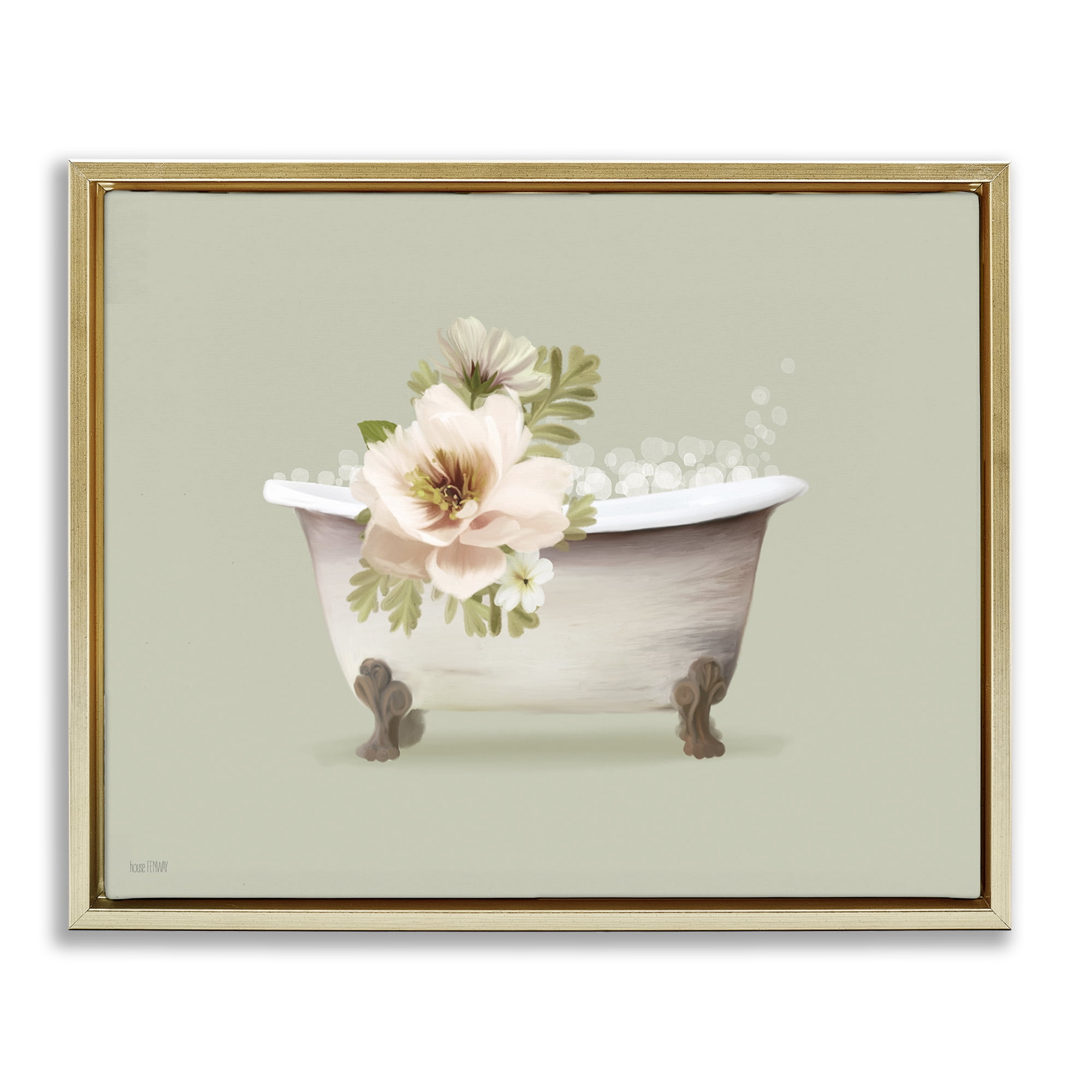 Stupell Industries Soft Blooms Bubble Bath Bath & Laundry Painting Gold Floater Framed Canvas Art Print Wall Art, 21 x 17