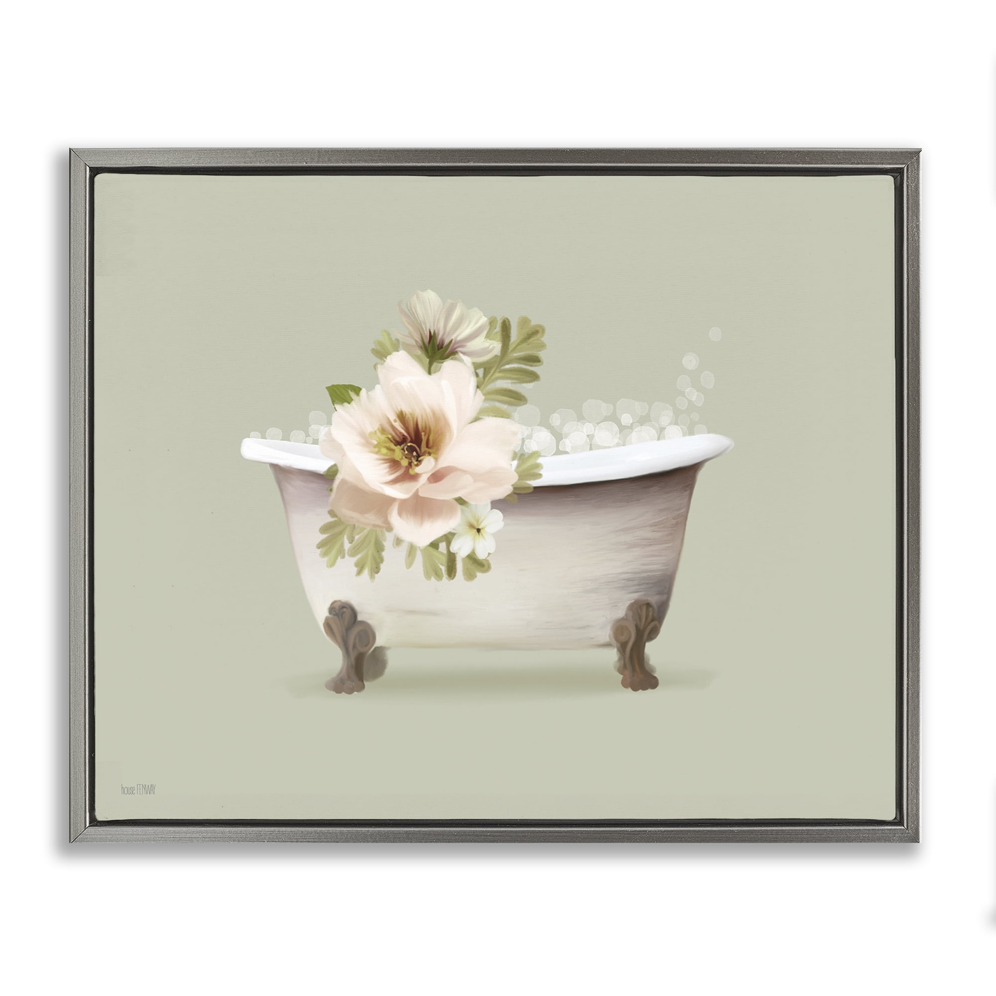 Stupell Industries Soft Blooms Bubble Bath Bath & Laundry Painting Gray Floater Framed Canvas Art Print Wall Art, 21 x 17