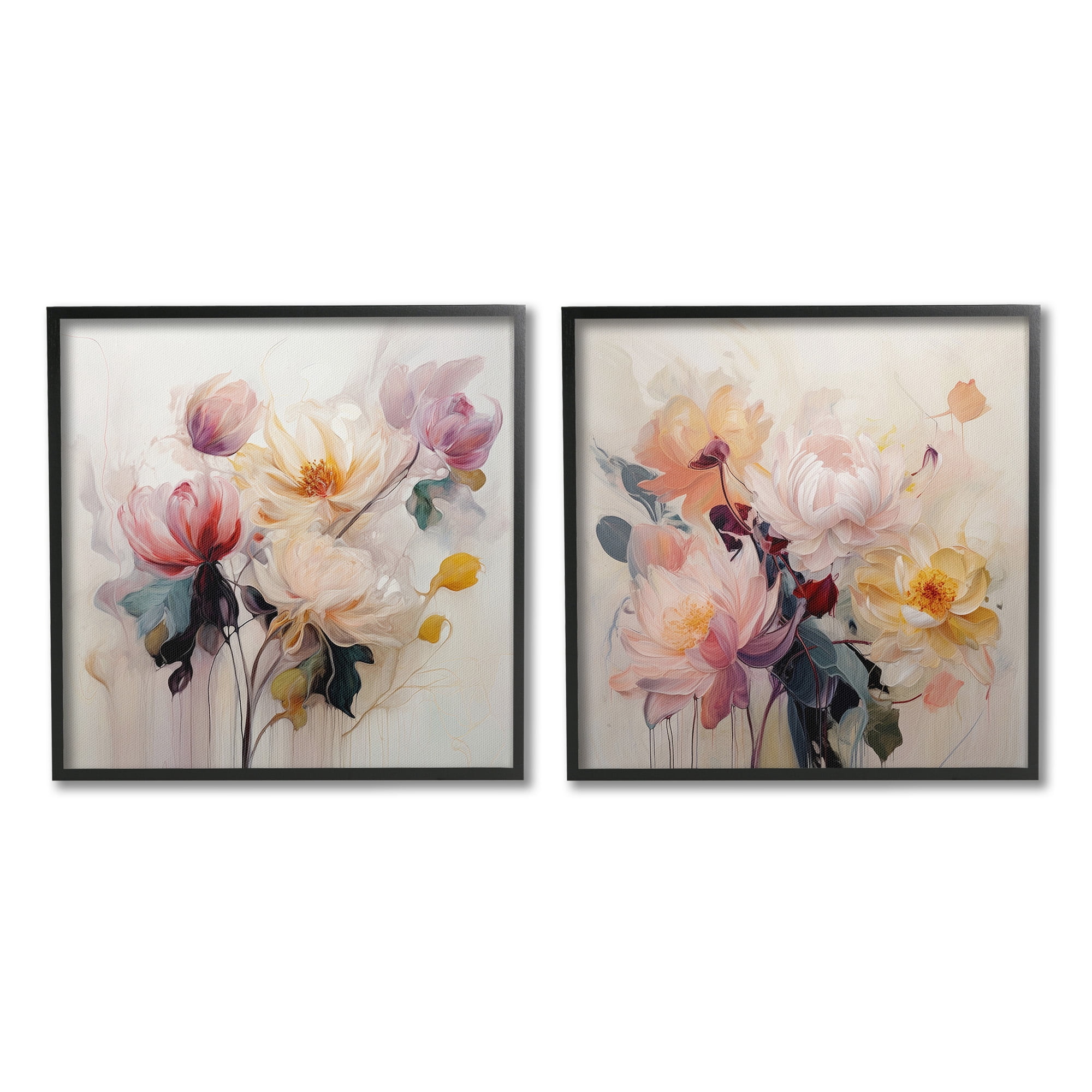 Stupell Industries Soft Blooms on Beige Botanical & Floral Painting Black Framed Art Print Wall Art, 24 x 24, Set of 2