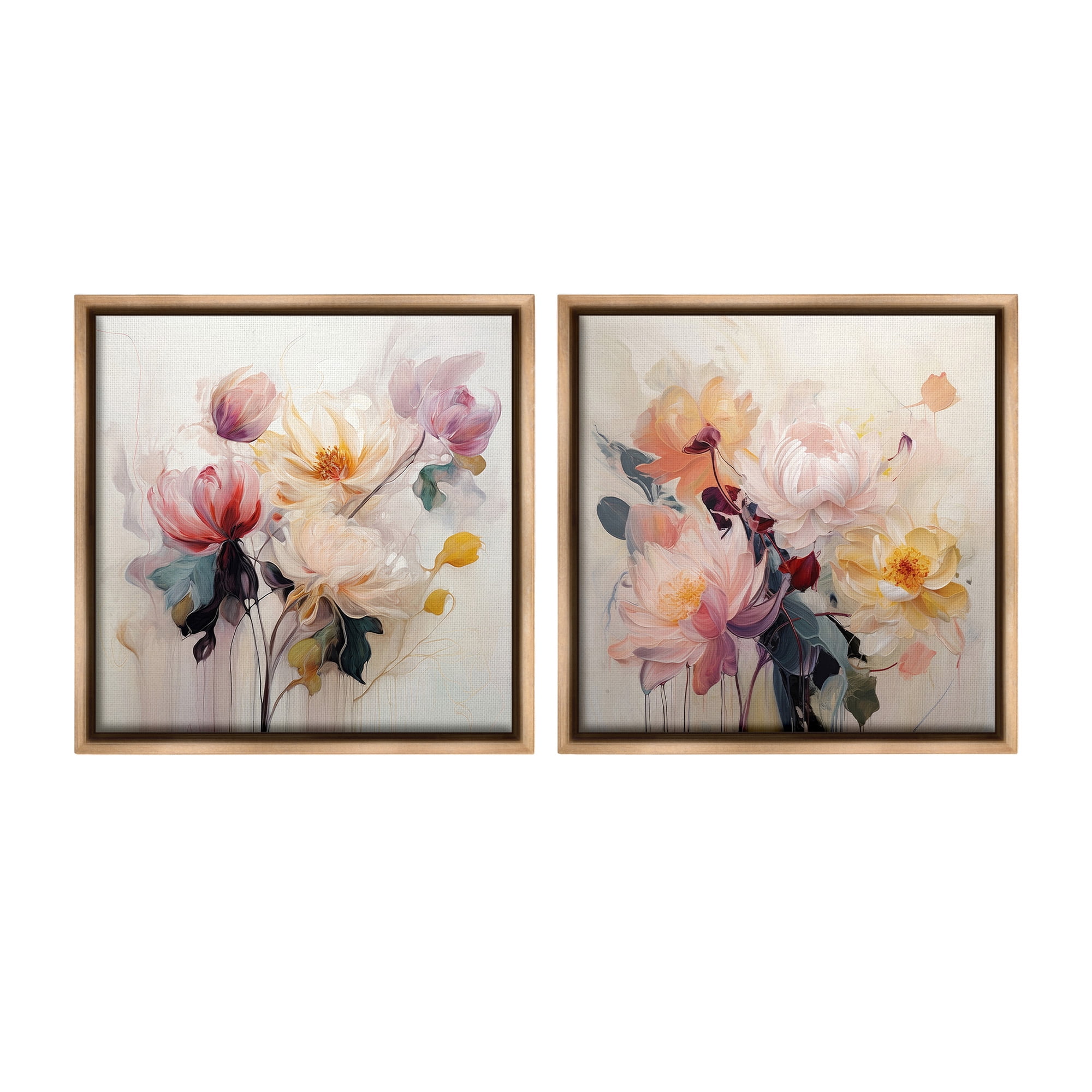 Stupell Industries Soft Blooms on Beige Botanical & Floral Painting Brown Floater Framed Canvas Art Print Wall Art, 25 x 25, Set of 2
