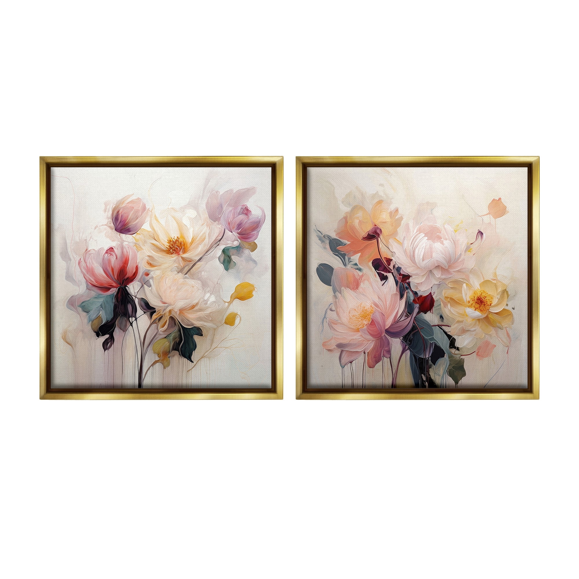 Stupell Industries Soft Blooms on Beige Botanical & Floral Painting Gold Floater Framed Canvas Art Print Wall Art, 18 x 18, Set of 2