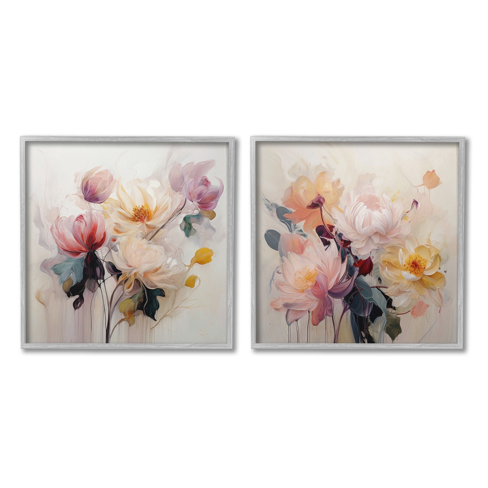 Stupell Industries Soft Blooms on Beige Botanical & Floral Painting Gray Framed Art Print Wall Art, 24 x 24, Set of 2