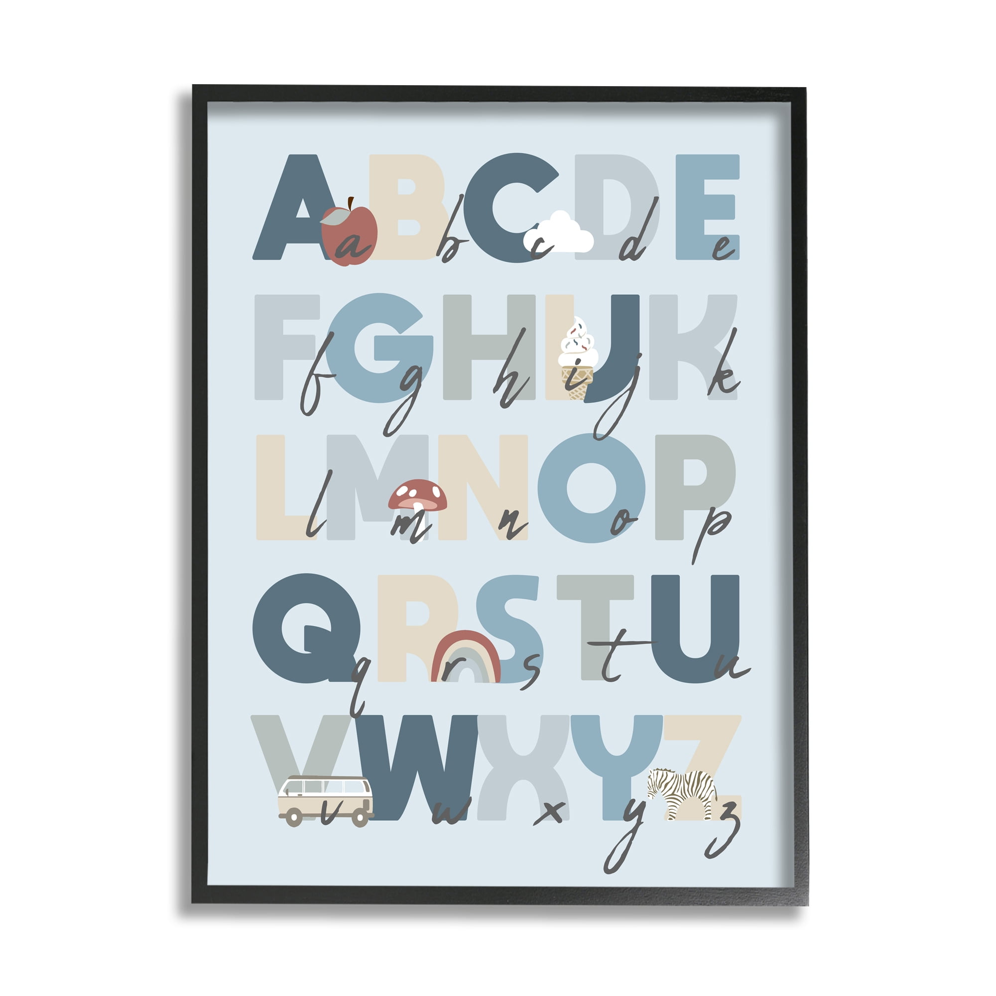 Stupell Industries Soft Blue Alphabet Chart Botanical & Floral Painting Black Framed Art Print Wall Art, 11 x 14
